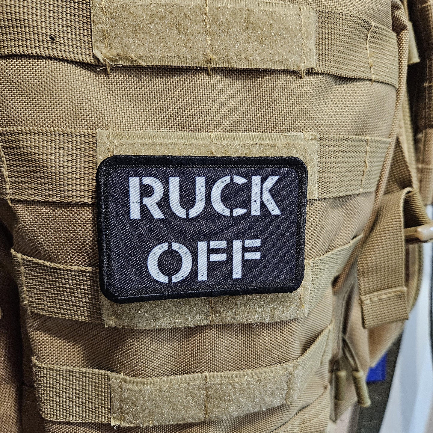Ruck off rucksack joke removable patch 2"x3" morale patch with hook and loop backing BW
