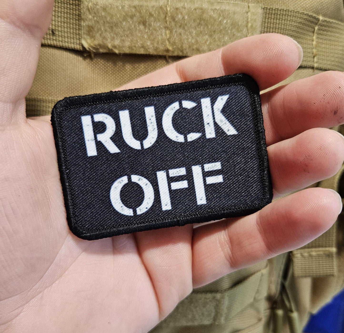 Ruck off rucksack joke removable patch 2"x3" morale patch with hook and loop backing BW