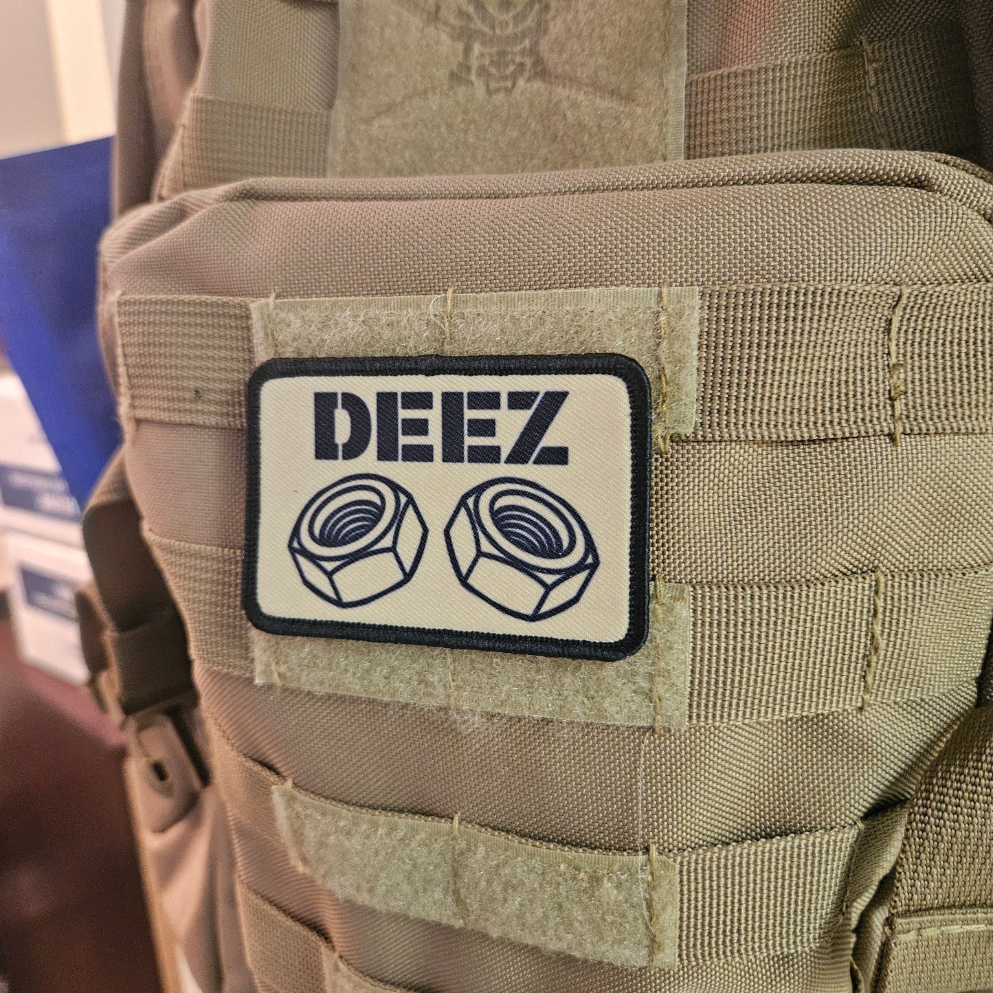 Deez nuts and bolts funny removable patch tan 2"x3" morale patch with hook and loop backing