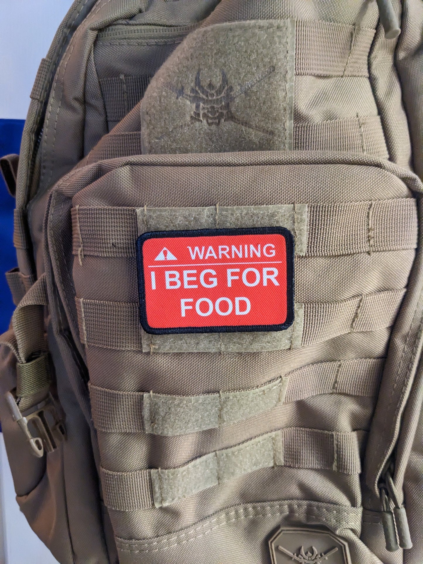 Warning I beg for food patch 2"x3" removable morale patch with hook and loop backing