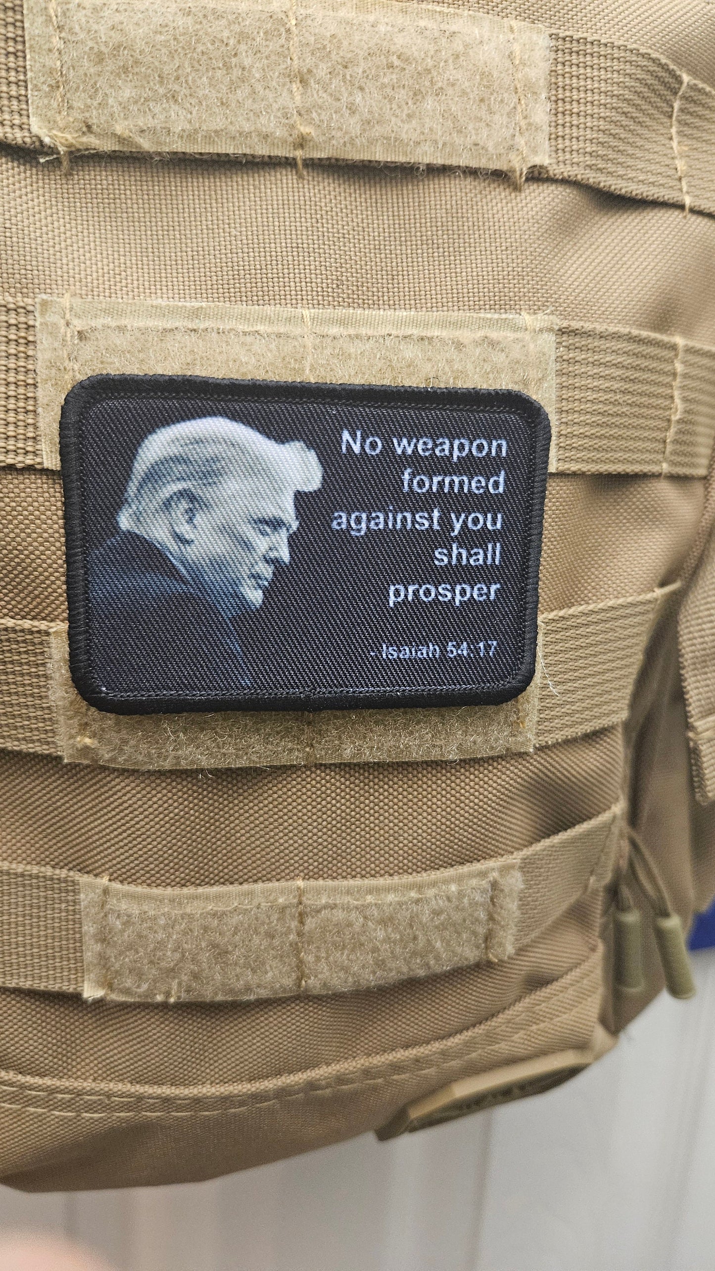 Isaiah 54:17 no weapon formed against me Don version bible verse  2"x3" morale patch with hook and loop backing