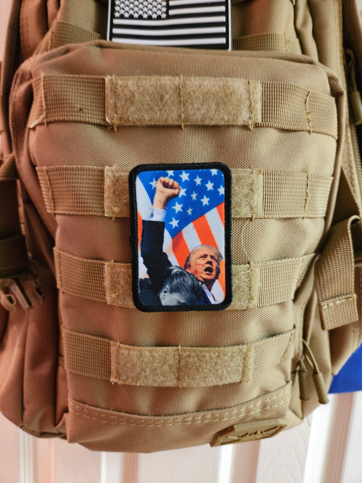 Flag background donald fist in the air  2"x3" morale patch with hook and loop backing military joke meme