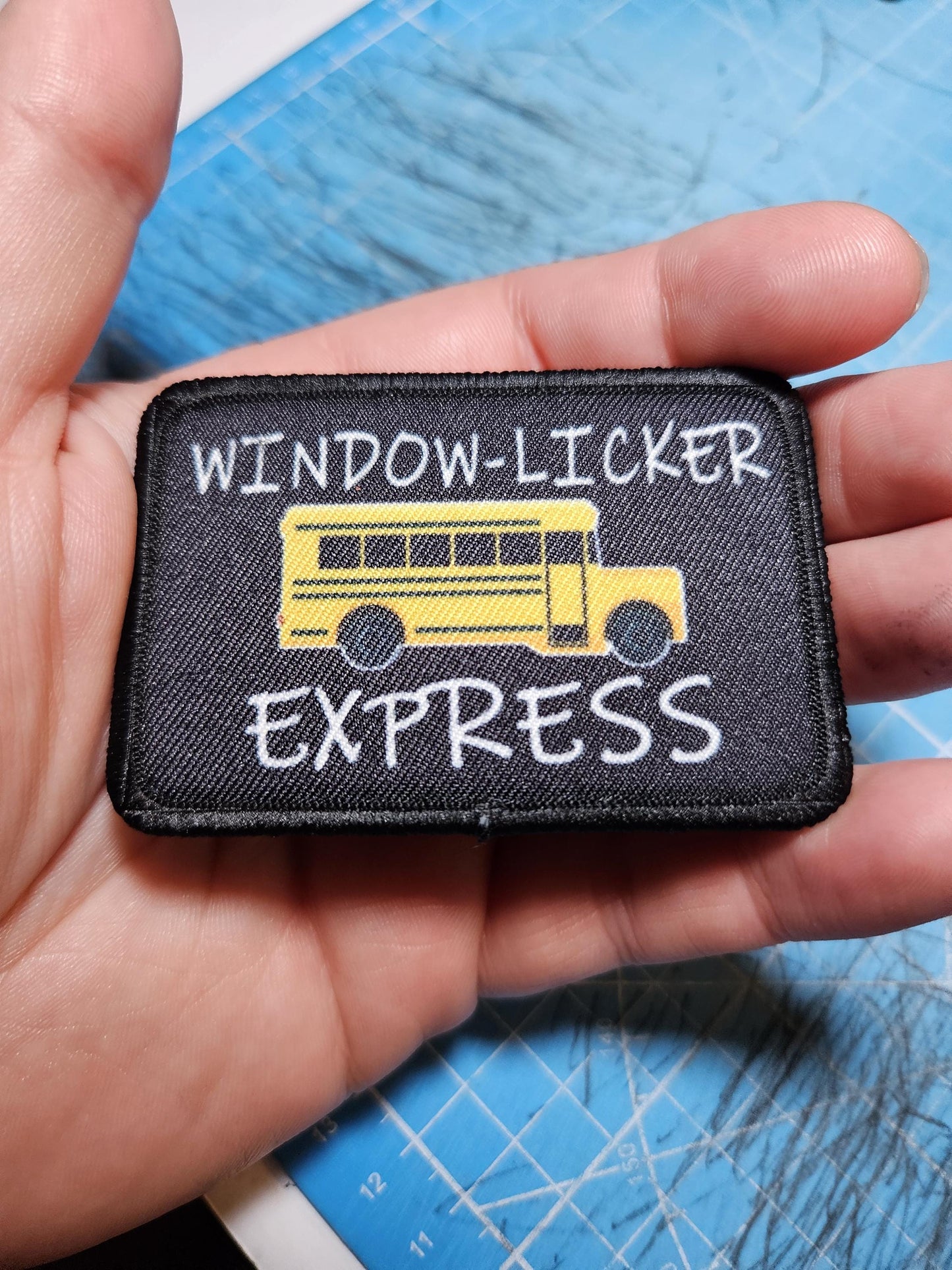 Window-licker express school bus driver funny 2"x3" removable morale patch with hook and loop backing
