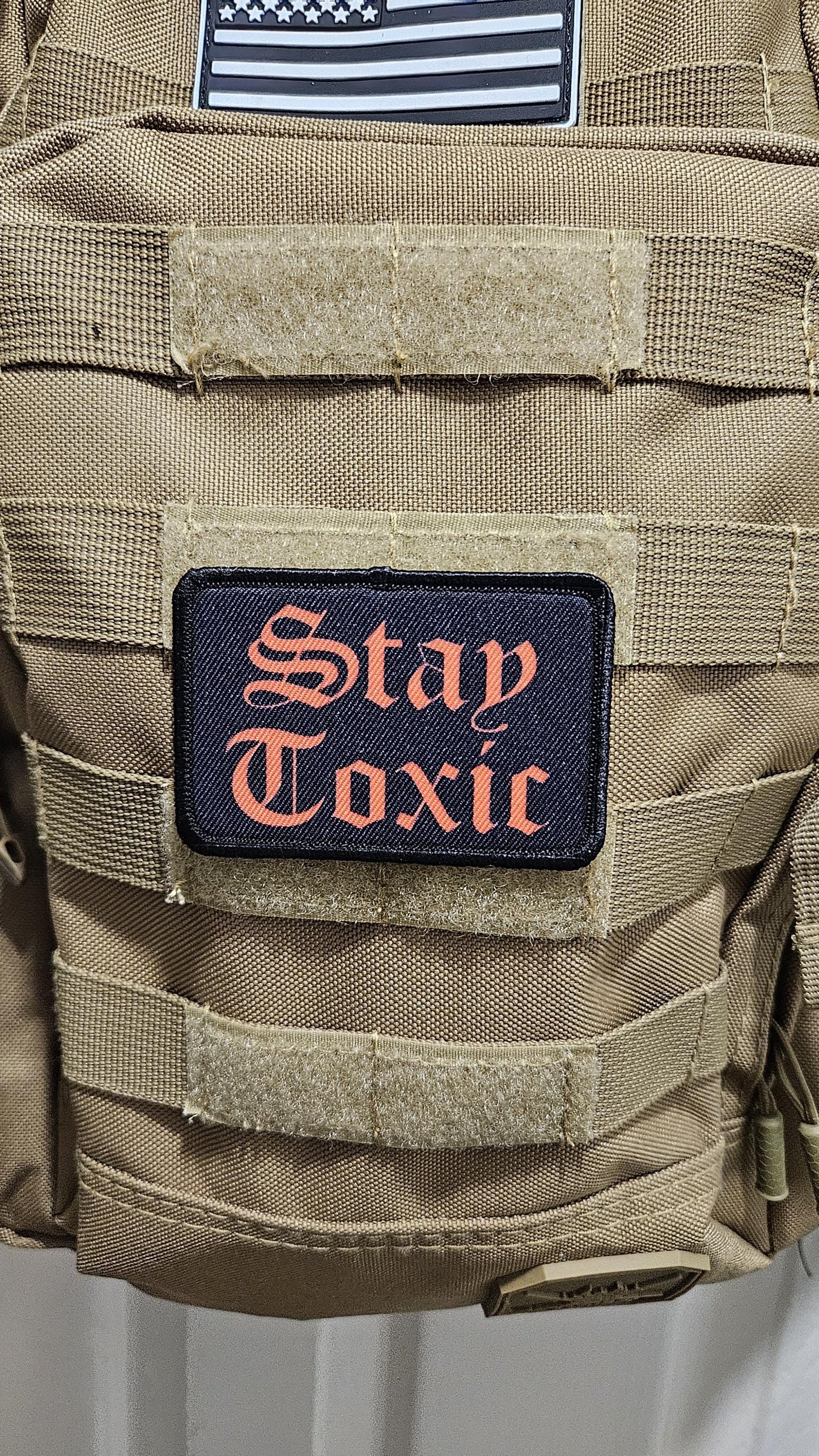 Stay toxic meme  red on black 2"x3" removable morale patch with hook and loop backing