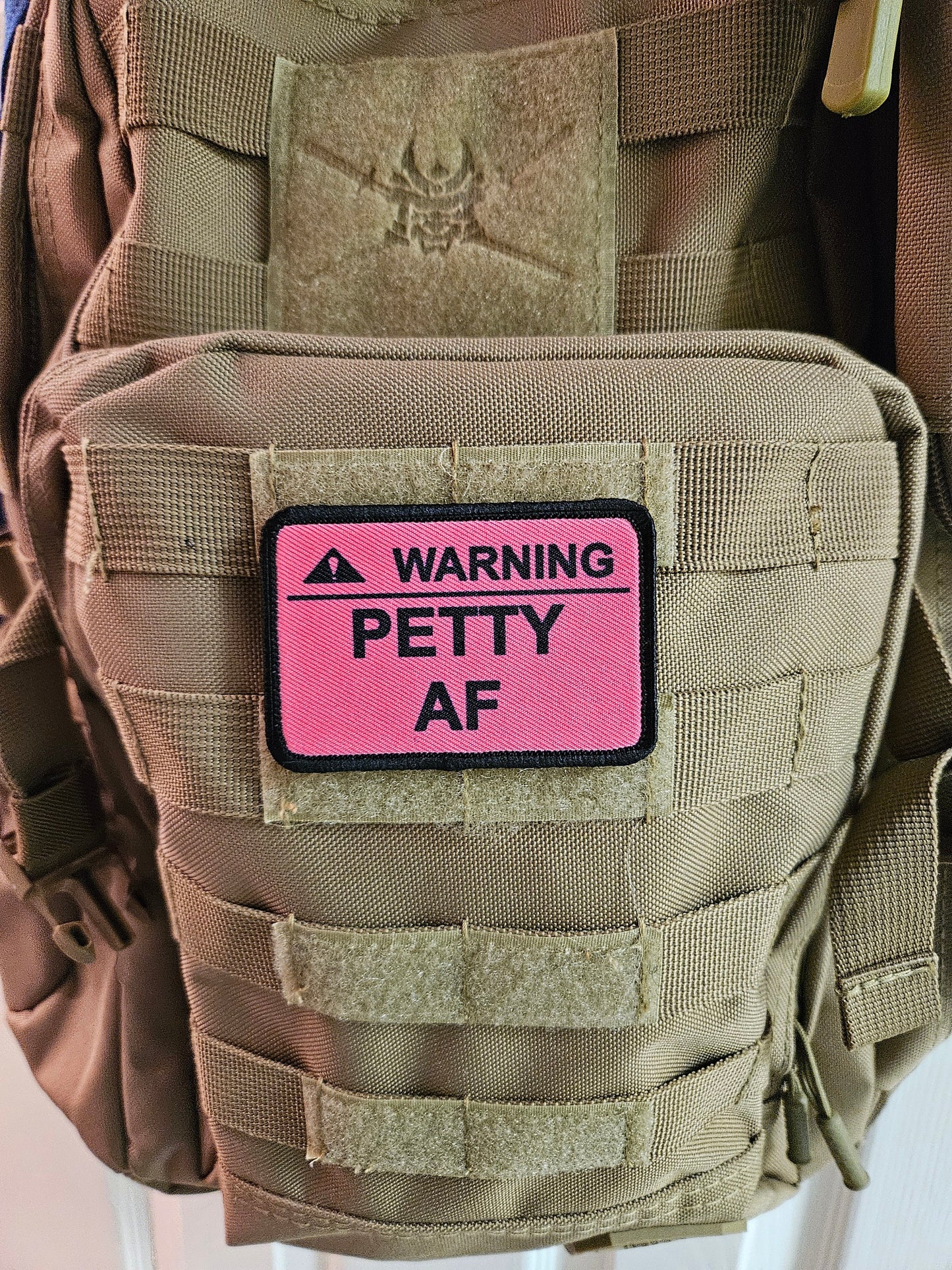 Warning petty AF meme pink 2"x3" removable morale patch with hook and loop backing