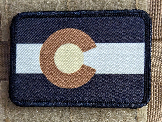 Subdued tan and brown Colorado state flag removable patch 2"x3" morale patch with hook and loop backing