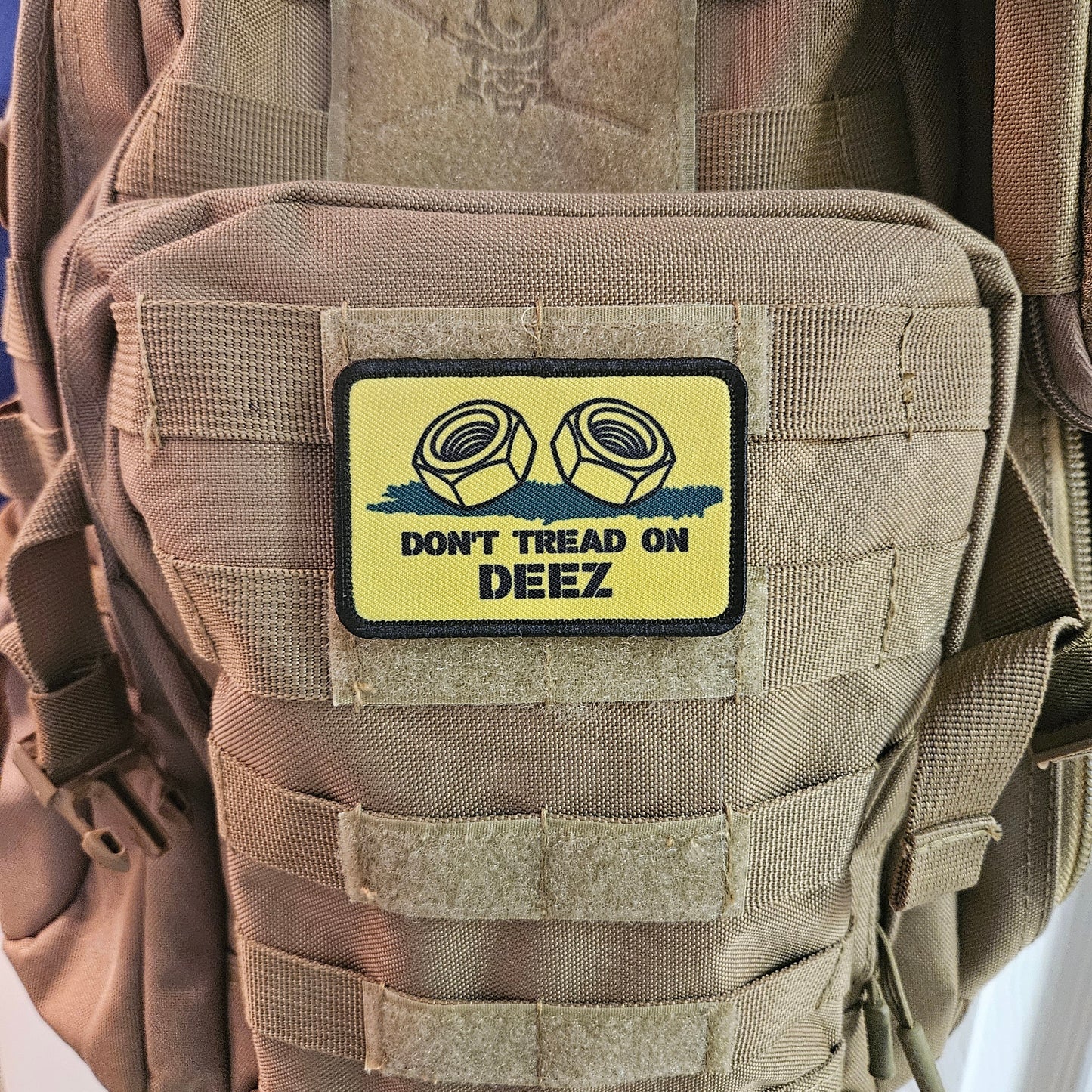 Don't tread on deez nuts and bolts Gadsden flag meme  2"x3" removable morale patch with hook and loop backing