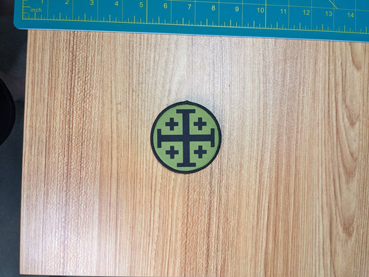 Jerusalem Cross  olive background green  3" circle removable morale patch with hook and loop backing