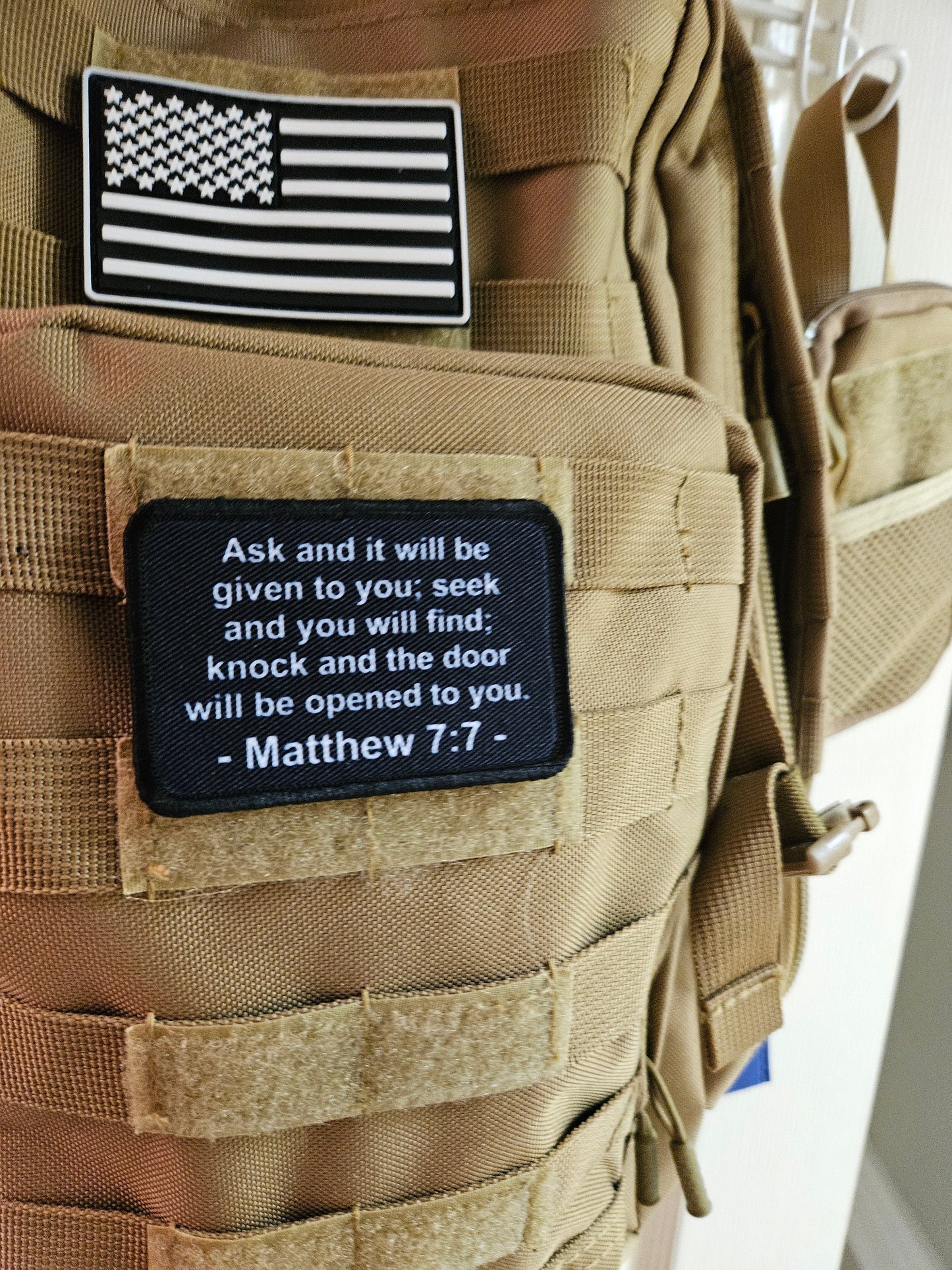 Ask amd it will be given to you Matthew  7:7 bible verse  2"x3" morale patch with hook and loop backing