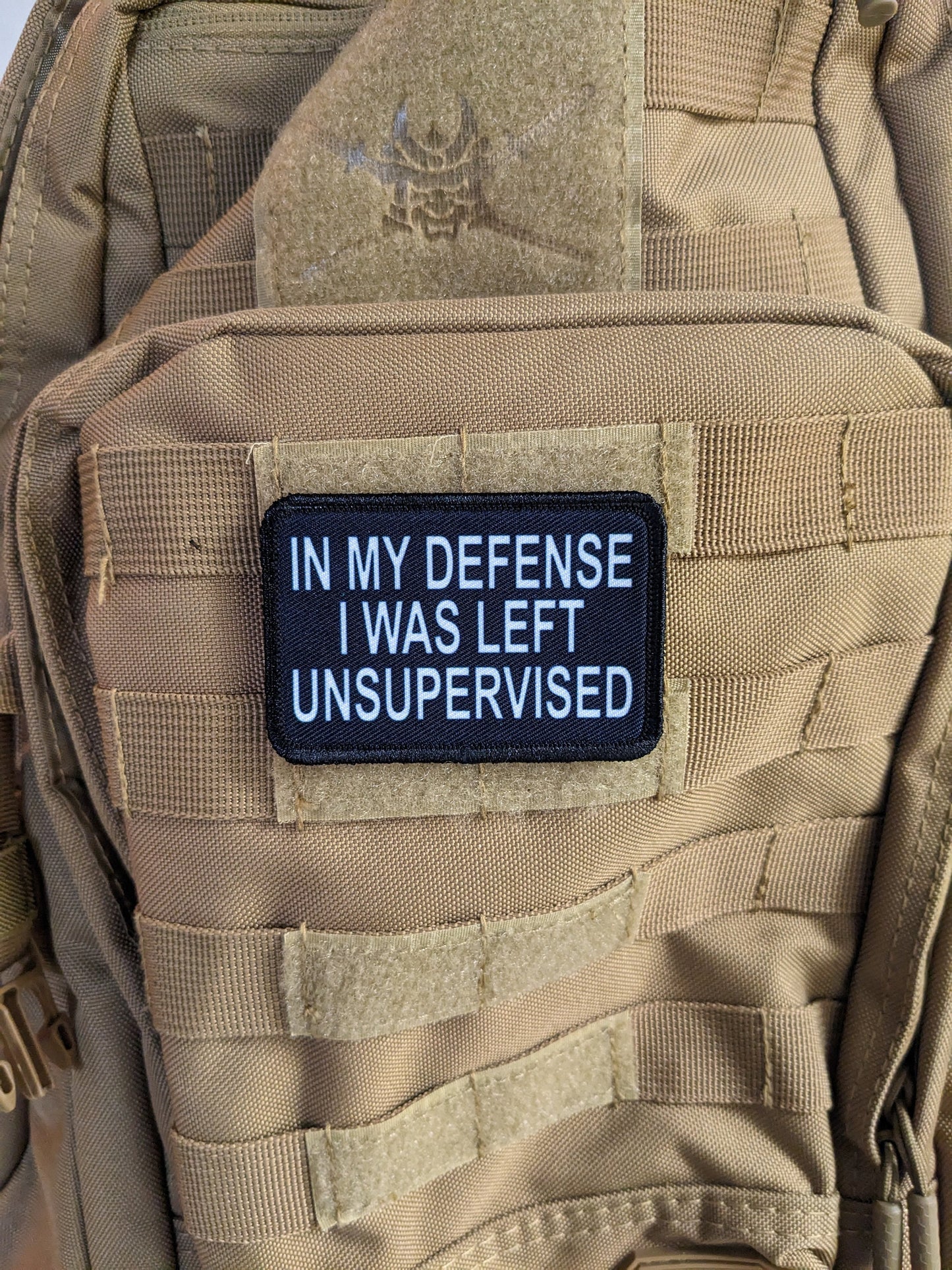 In My Defense I was left Unsupervised  removable patch 2"x3" morale patch with hook and loop backing BW