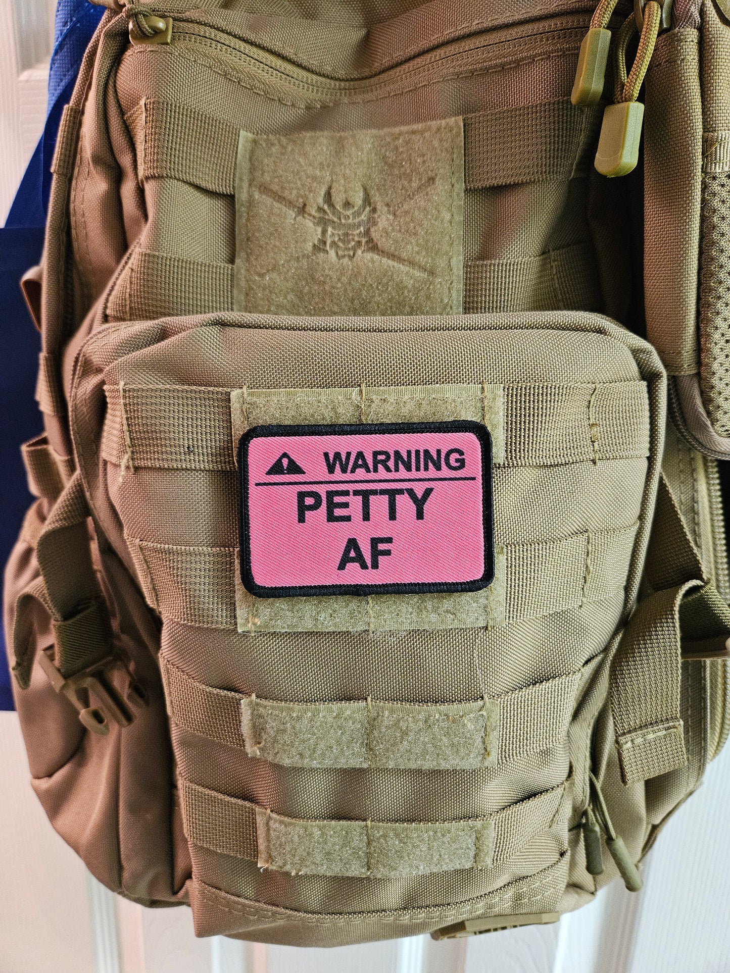 Warning petty AF meme pink 2"x3" removable morale patch with hook and loop backing