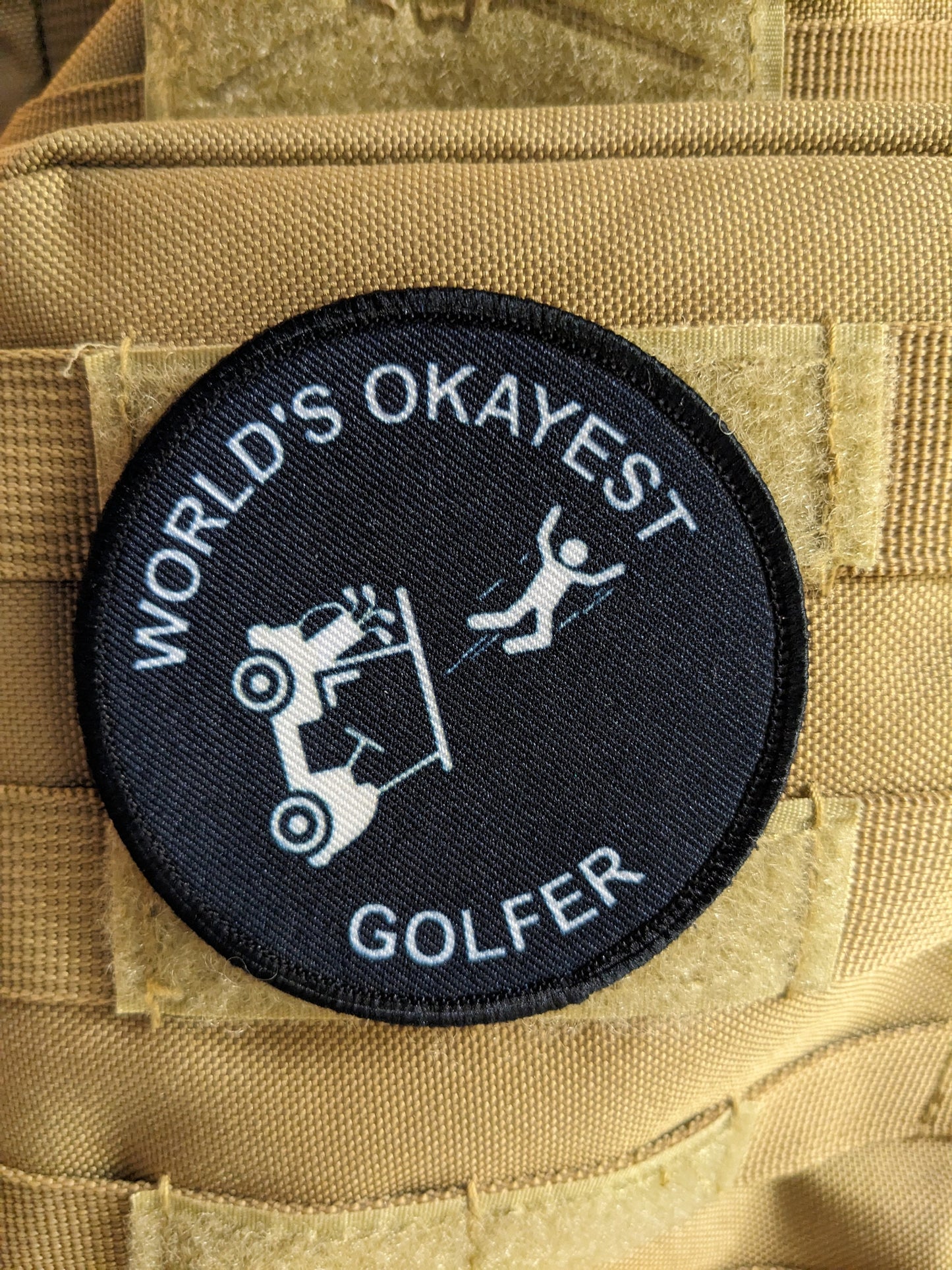 World's okayest golfer golf cart crash meme 3" circle morale patch with hook and loop backing