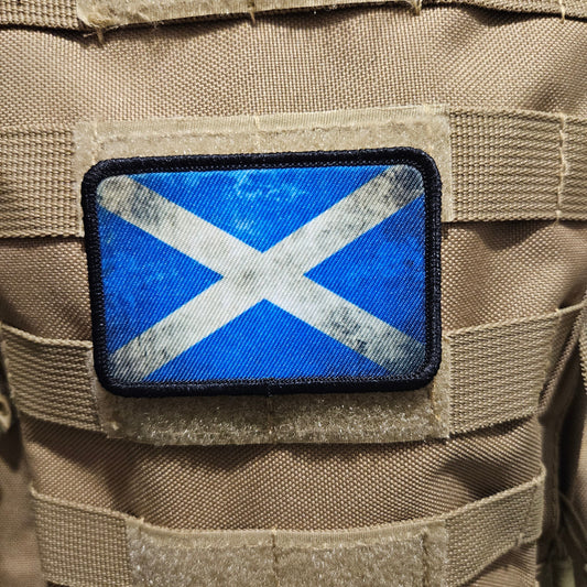 distressed Scottish flag 2"x3" morale patch with hook and loop backing
