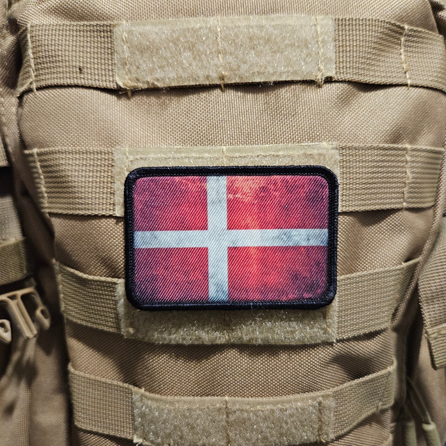 Distressed Denmark flag 2"x3" morale patch with hook and loop backing