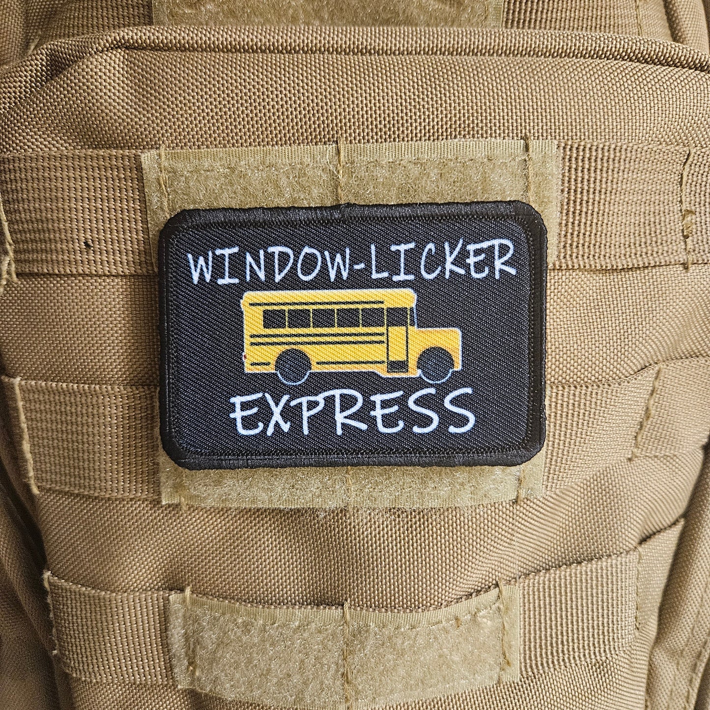 Window-licker express school bus driver funny 2"x3" removable morale patch with hook and loop backing