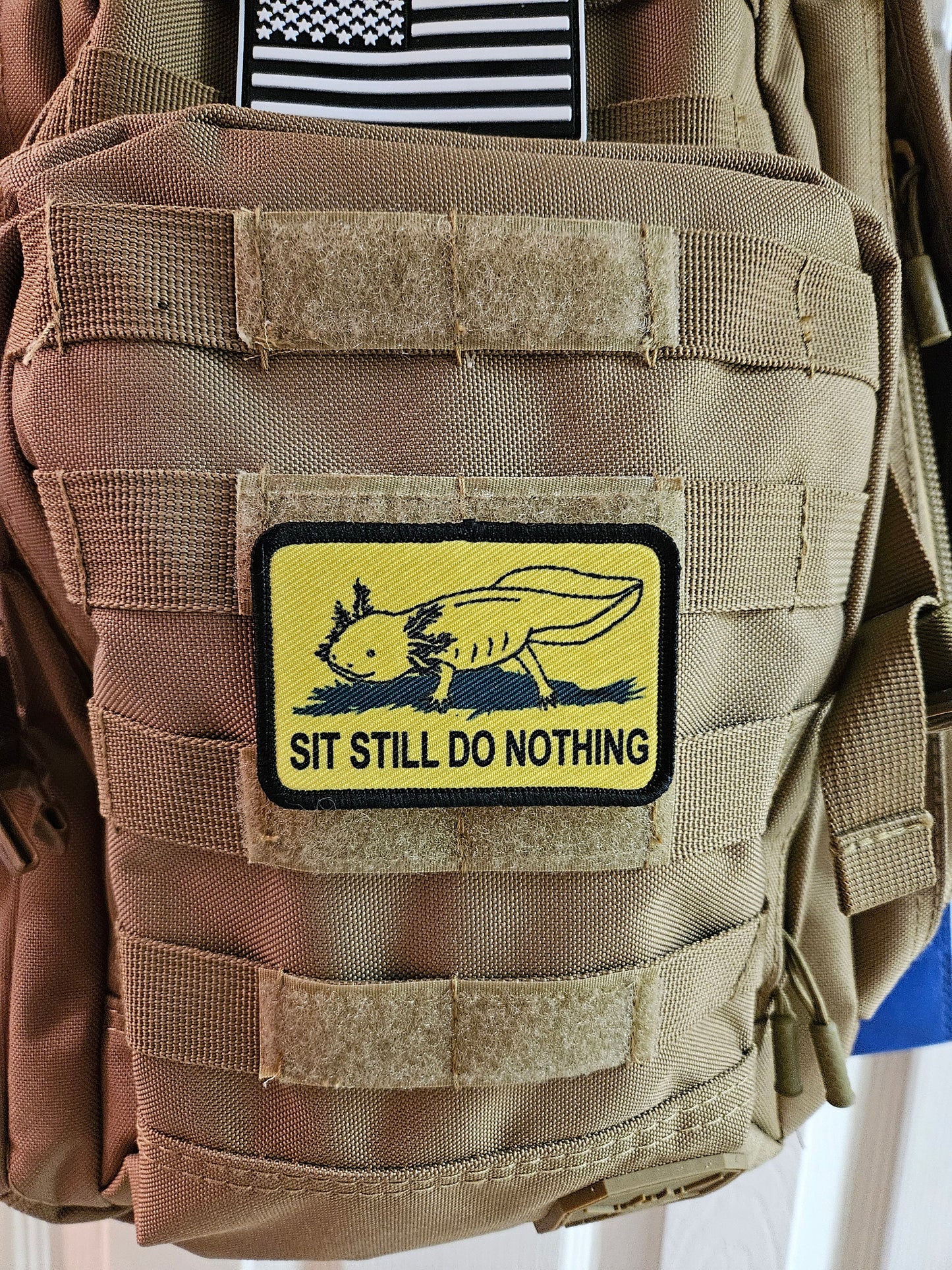 Gadsden flag parody axolotl  sit still do nothing 2"x3" morale patch with hook and loop backing