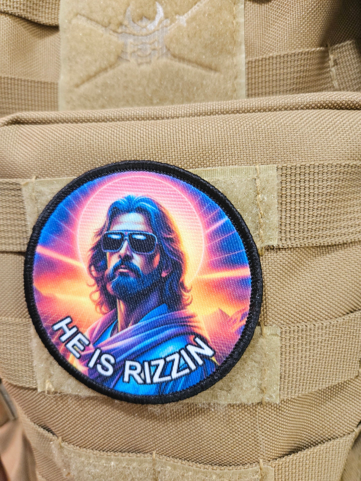 He is rizzin Jesus 80s Christian meme 3" circle morale patch with hook and loop backing
