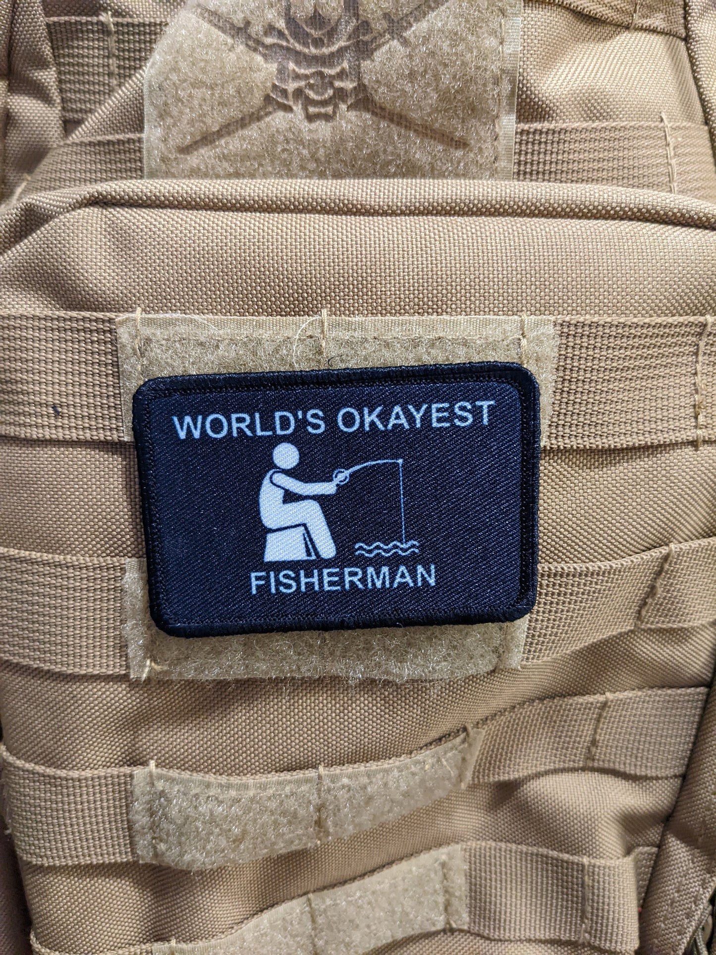 World's Okayest fisherman funny meme 2"x3" morale patch with hook and loop backing