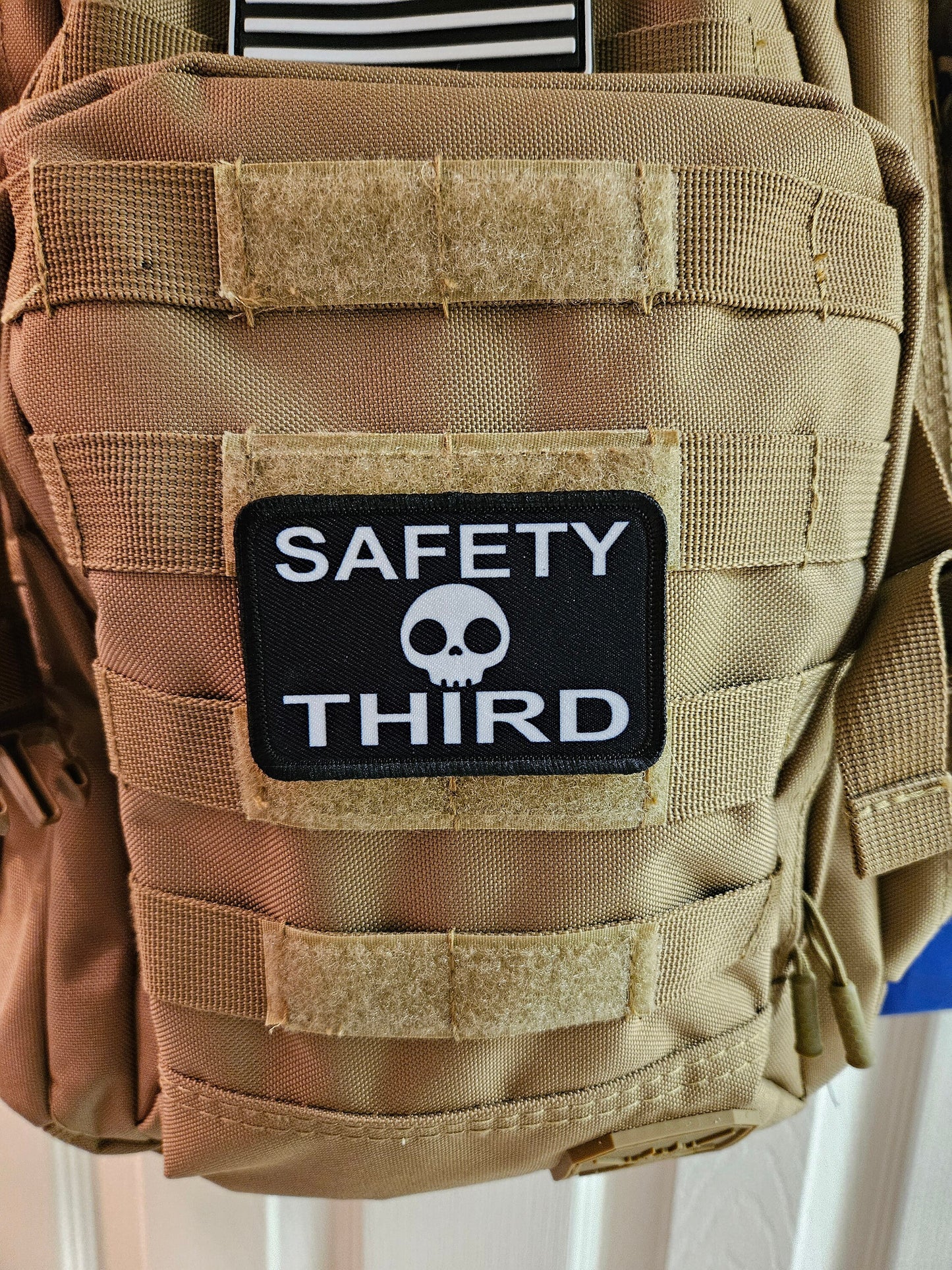 Safety third meme 2"x3" removable morale patch with hook and loop backing blue collar