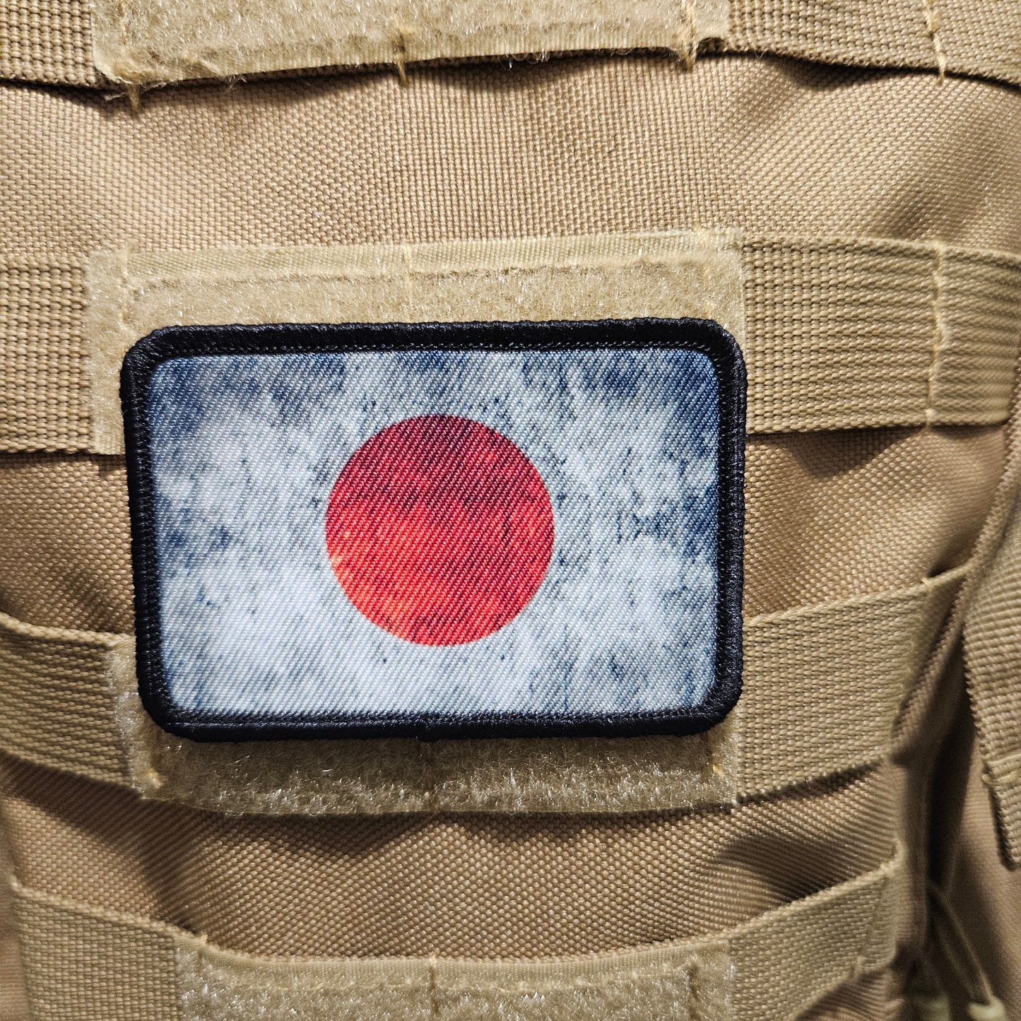 Distressed Japanese flag 2"x3" morale patch with hook and loop backing