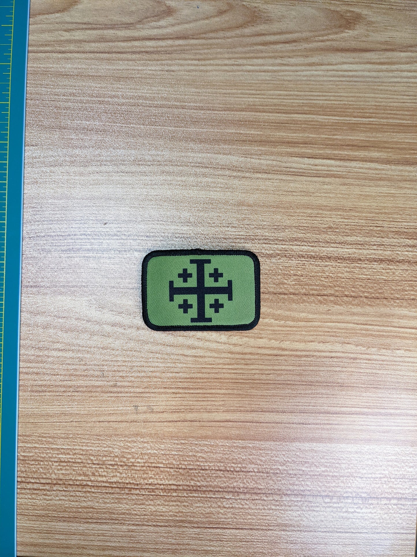 Jerusalem Cross  olive background green  2"x3" removable morale patch with hook and loop backing