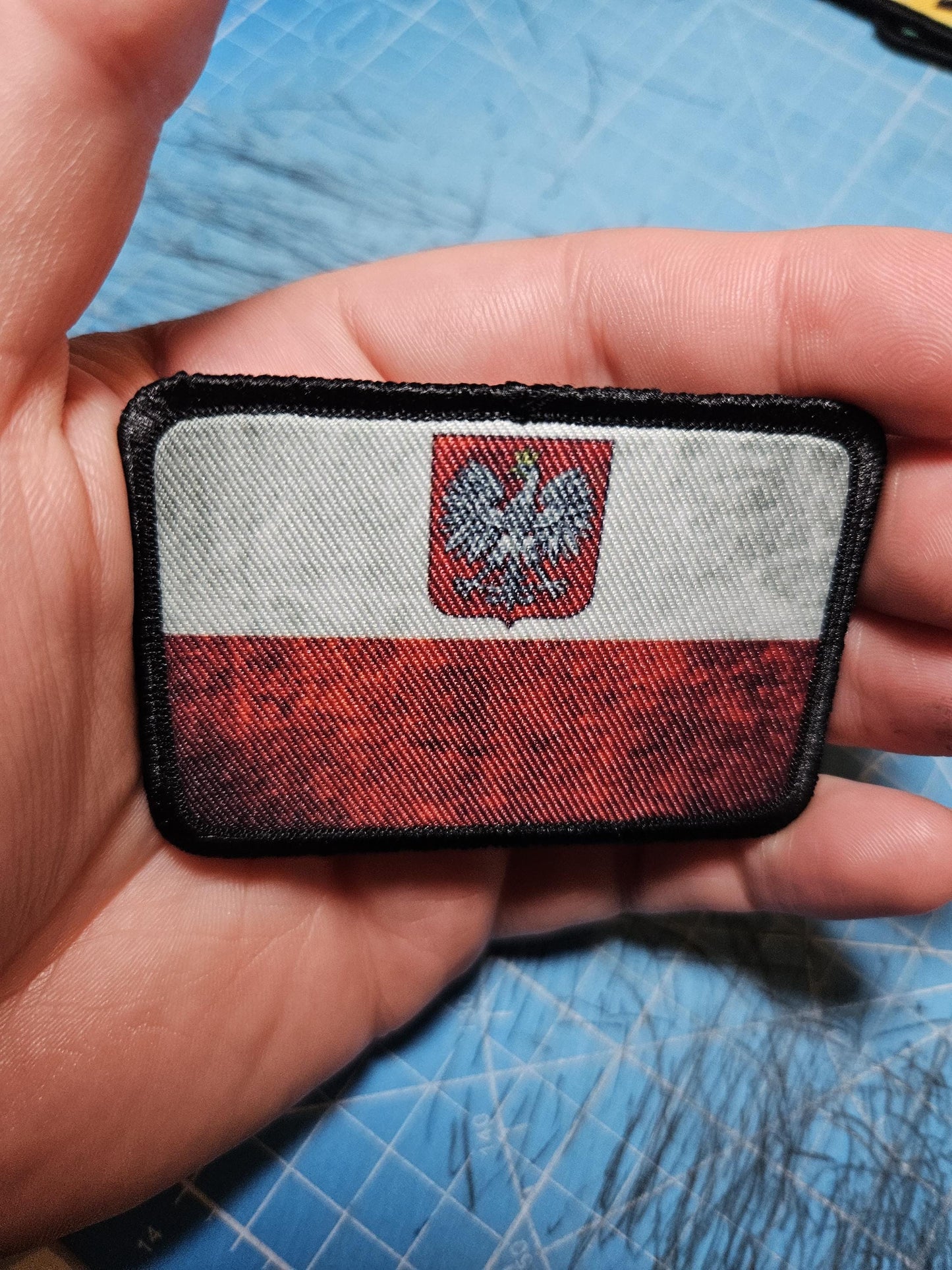 Distressed Poland flag with crest 2"x3" morale patch with hook and loop backing