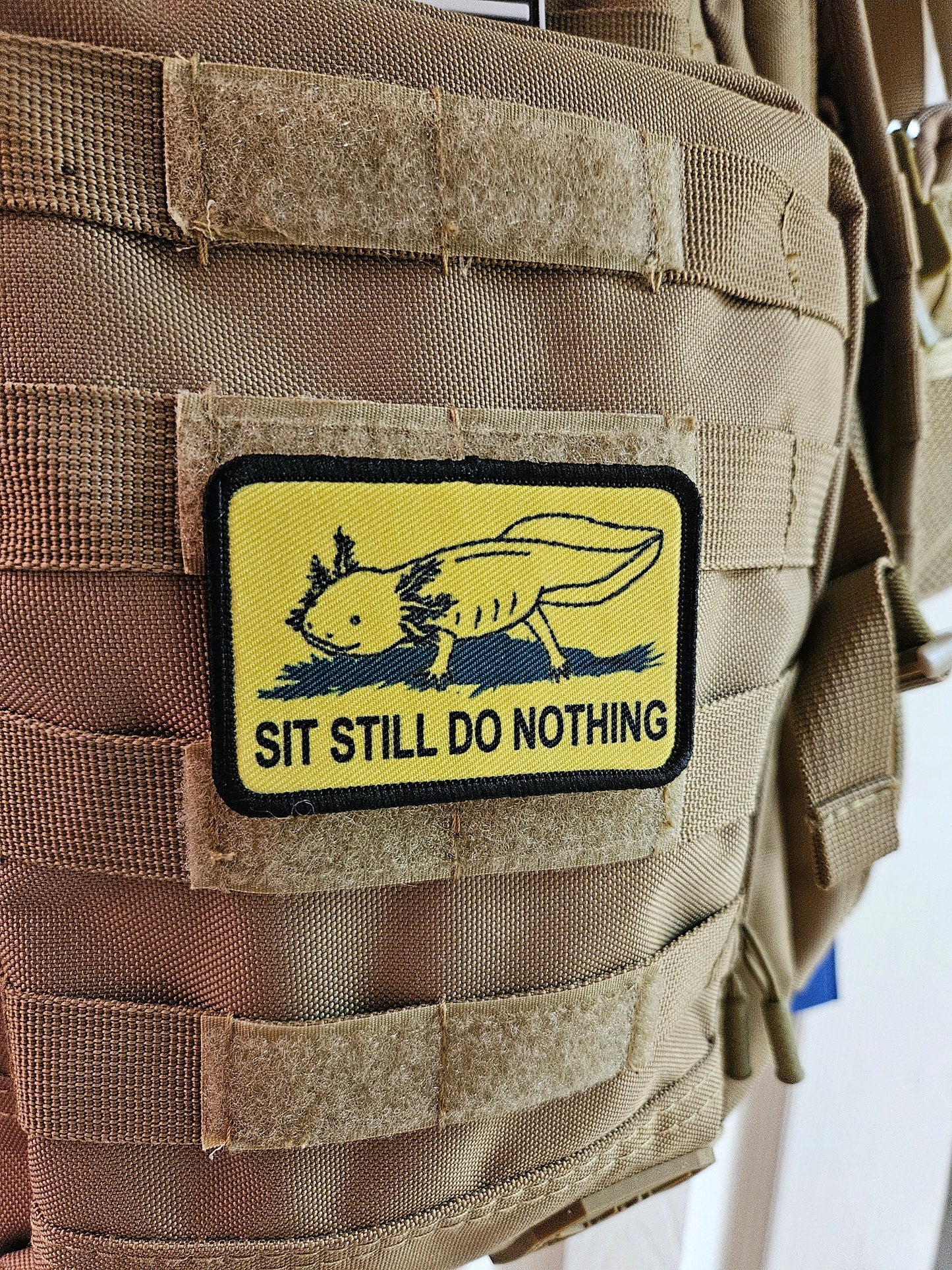 Gadsden flag parody axolotl  sit still do nothing 2"x3" morale patch with hook and loop backing