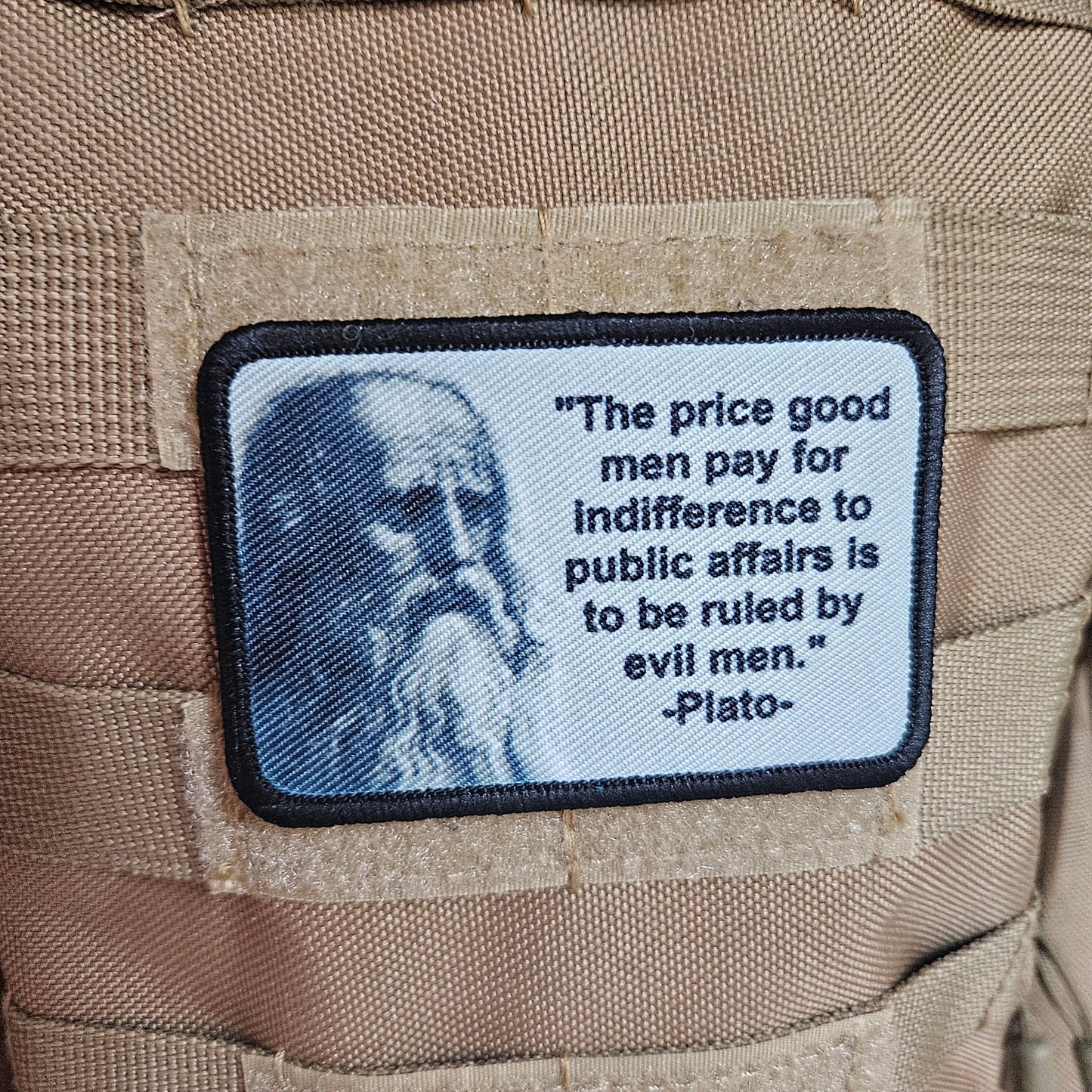 Plato the price good men pay for indifference 2"x3" removable morale patch with hook and loop backing