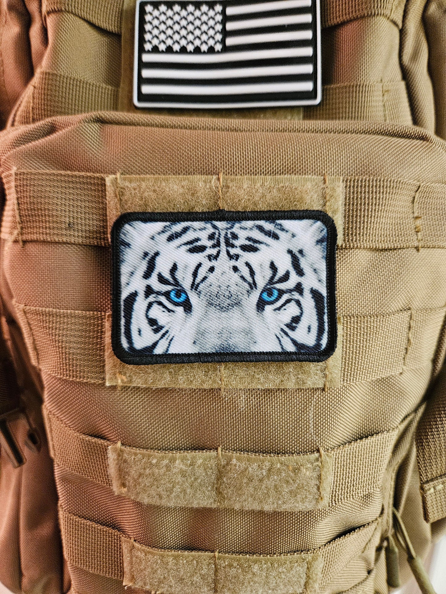 White tiger eyes 2"x3" morale patch with hook and loop backing