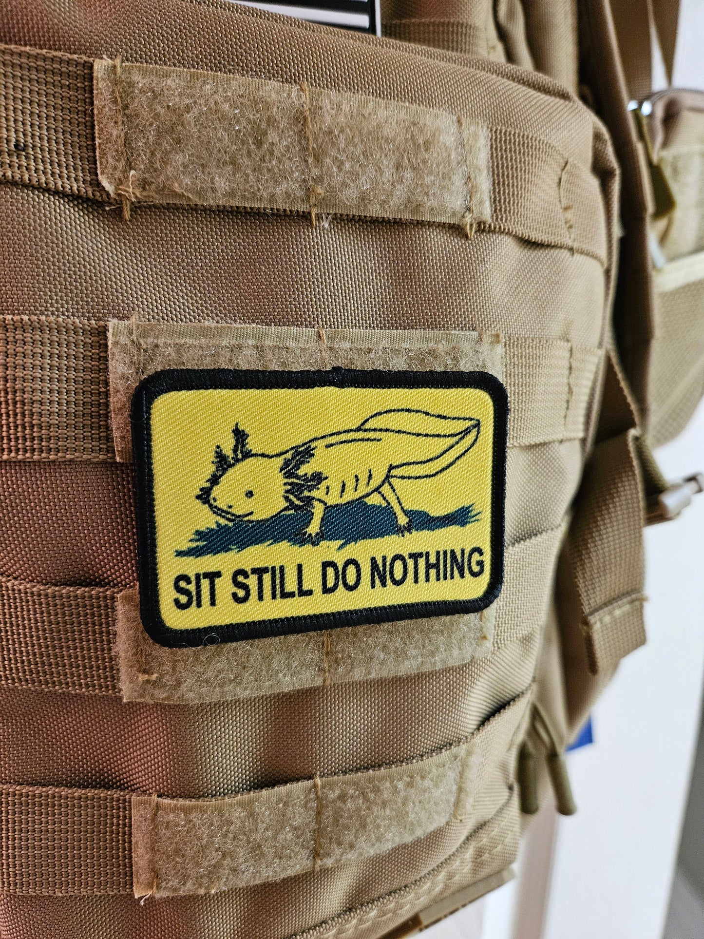 Gadsden flag parody axolotl  sit still do nothing 2"x3" morale patch with hook and loop backing