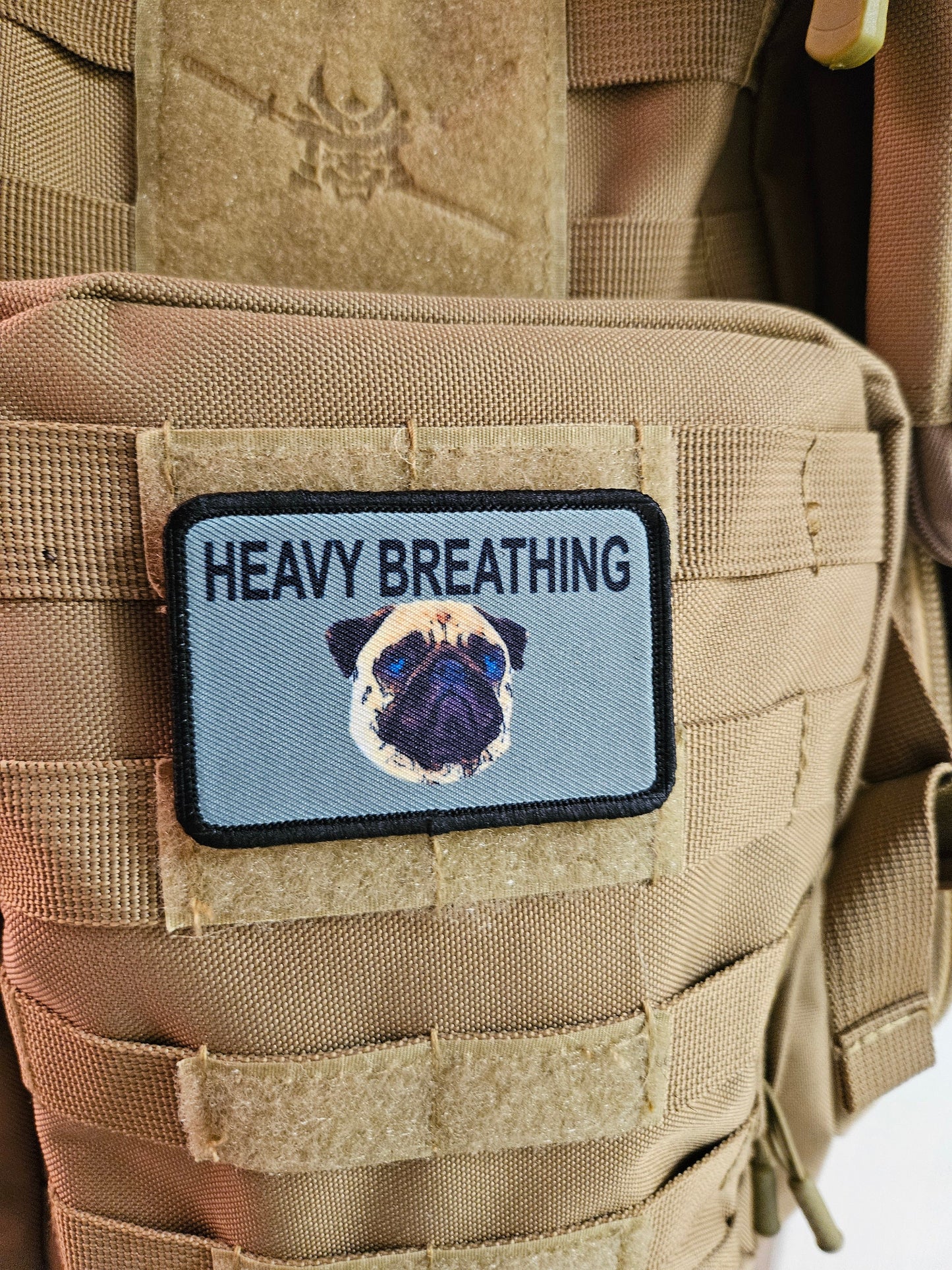 Heavy breathing  pug meme 2"x3" removable morale patch with hook and loop backing