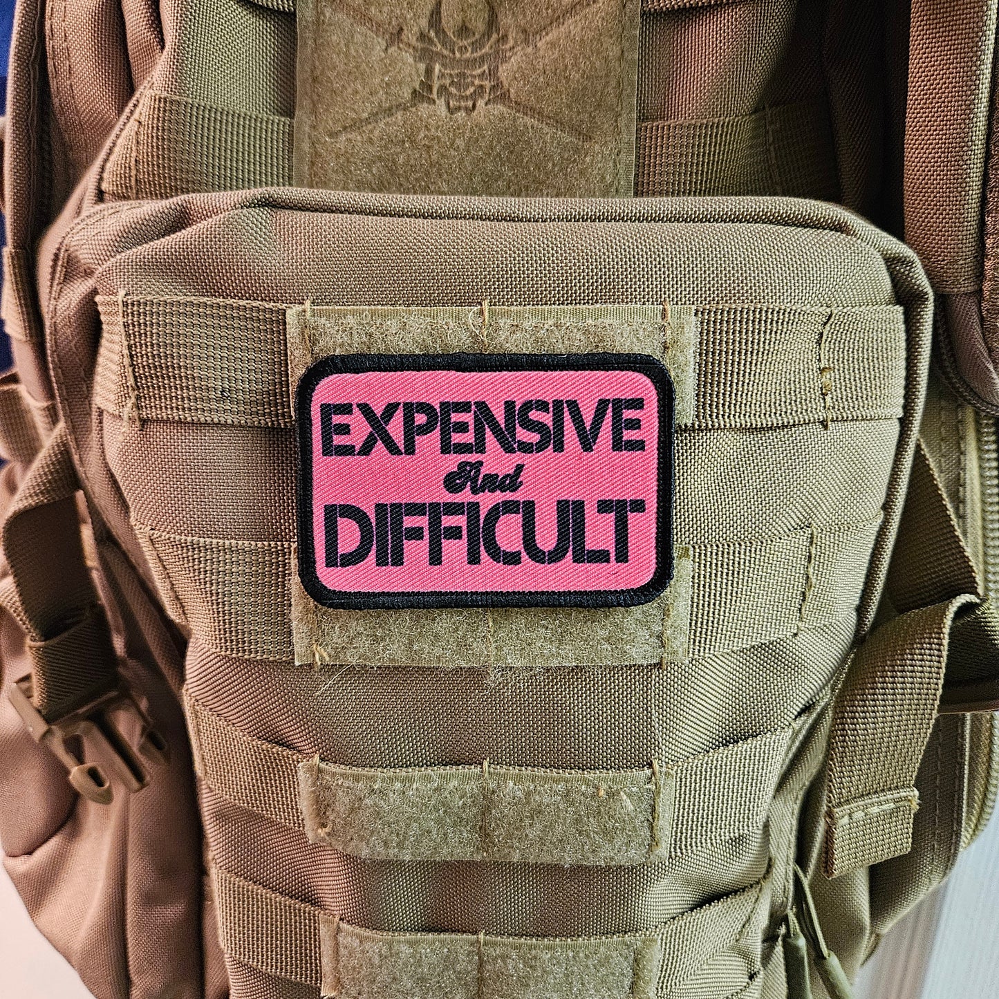 Expensive  and difficult meme pink 2"x3" removable morale patch with hook and loop backing