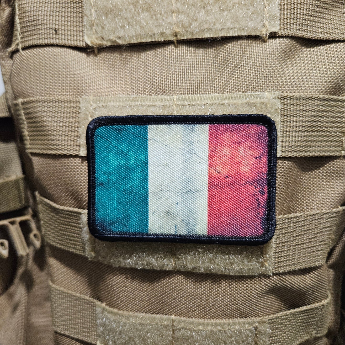 Distressed Italian flag 2"x3" morale patch with hook and loop backing