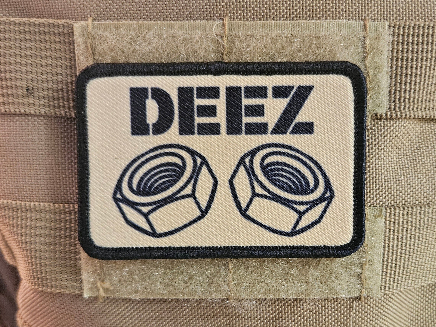 Deez nuts and bolts funny removable patch tan 2"x3" morale patch with hook and loop backing