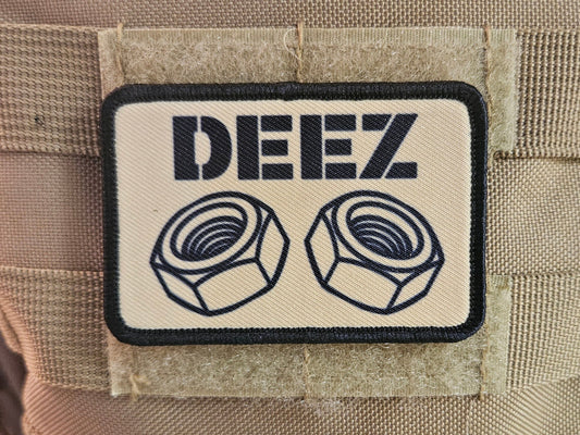 Deez nuts and bolts funny removable patch tan 2"x3" morale patch with hook and loop backing