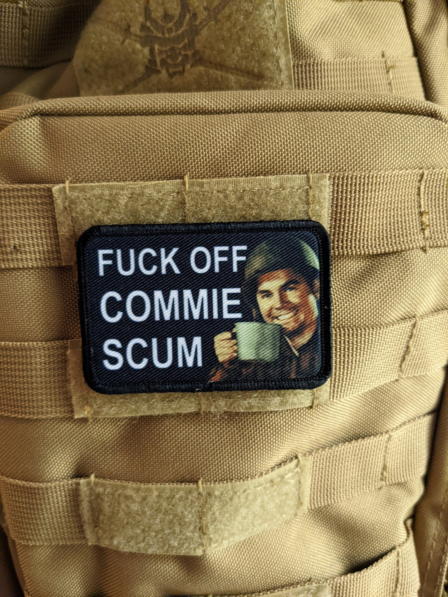 Fuck off commie scum anti-communist support meme 2"x3" morale patch with hook and loop backing
