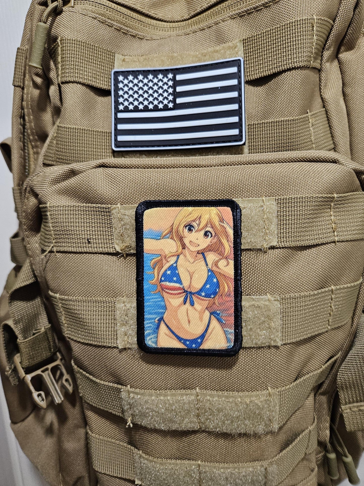 Sexy Anime girl cleavage american flag bikini waifu 2"x3"  removable morale patch with hook and loop backing