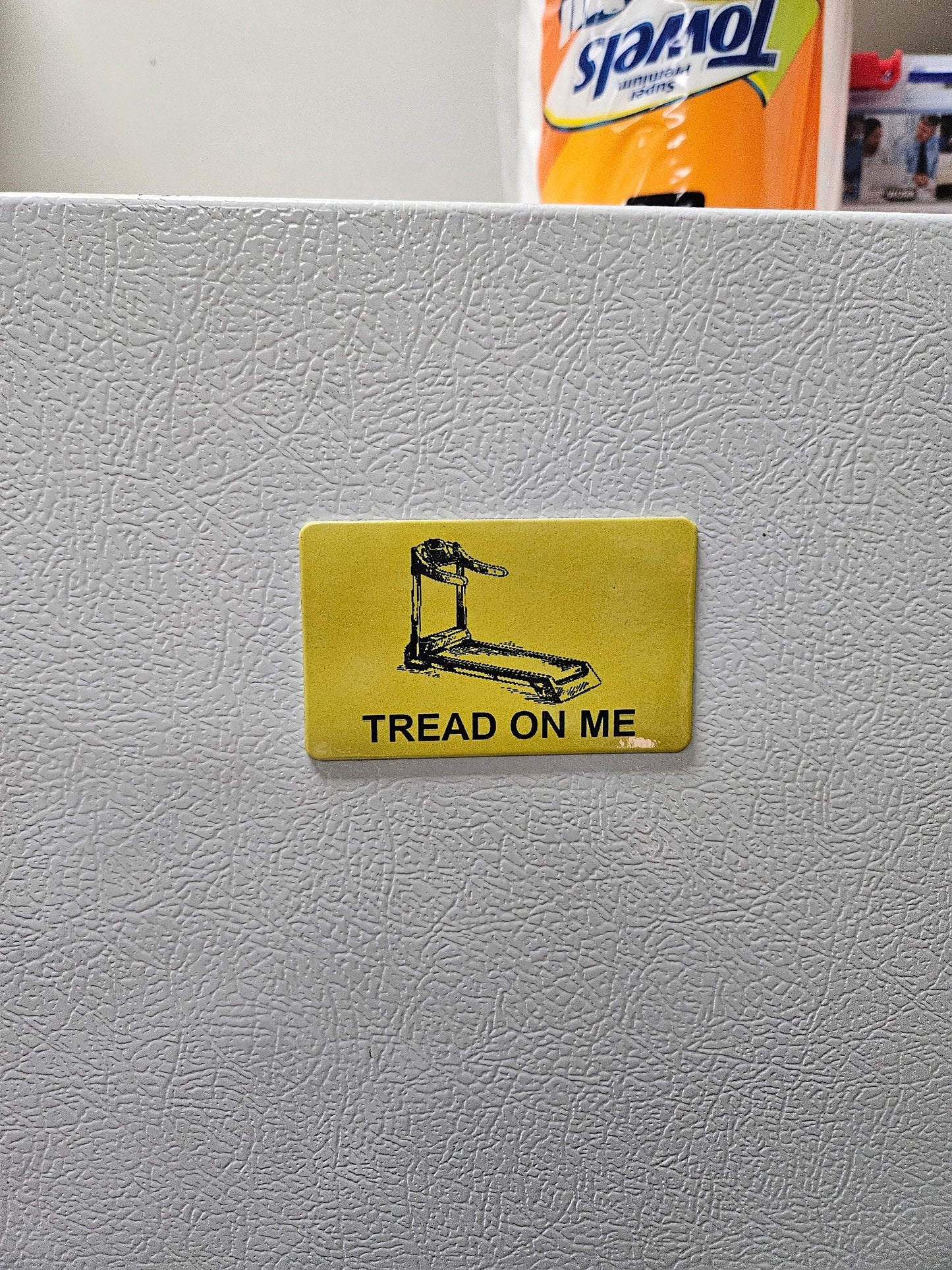 Funny tread on me treadmill Gadsden flag parody fridge magnet x3.   2x3.5" dimensions