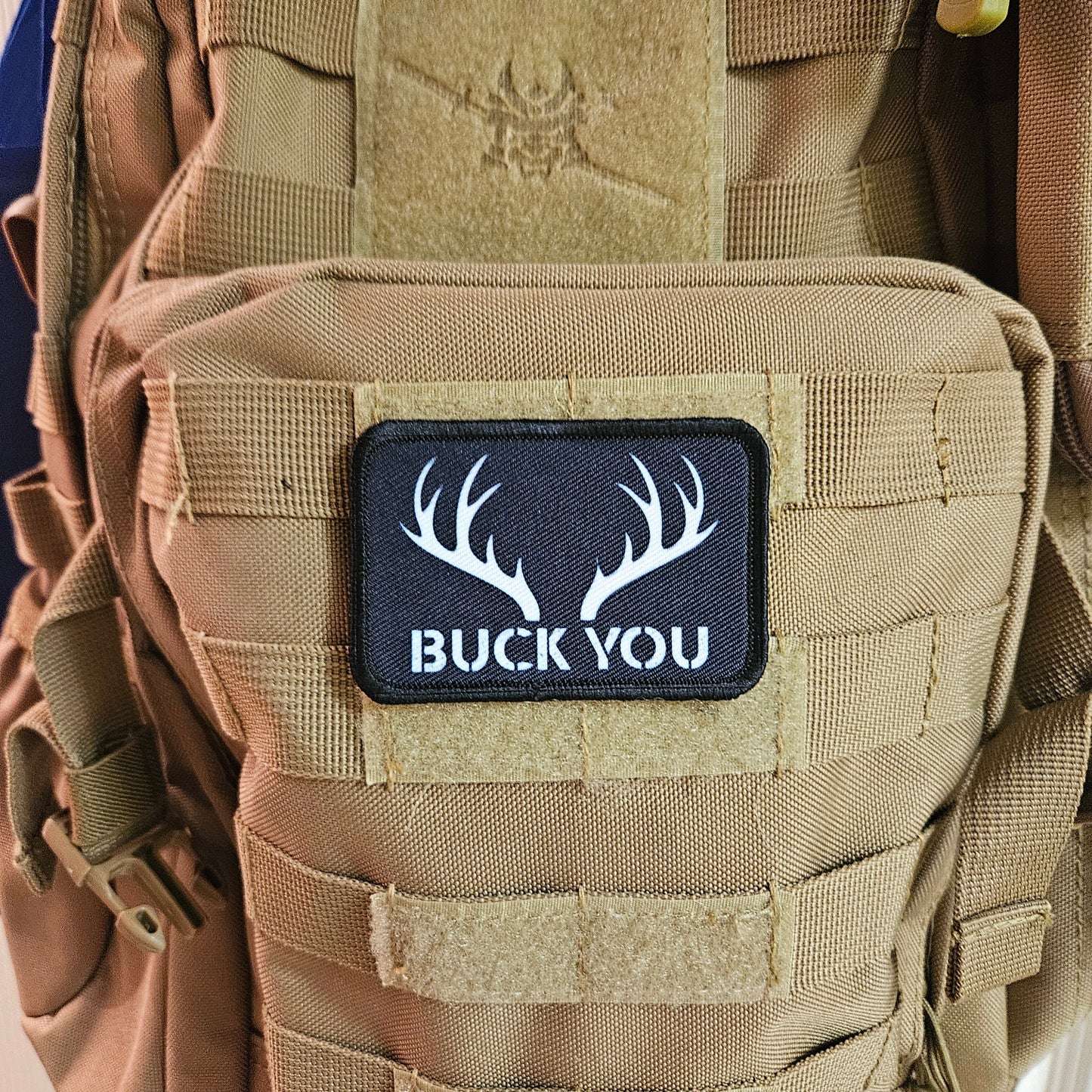 Buck you Deer hunting  meme patch 2" x3" inch morale patch hook and loop backing black and white