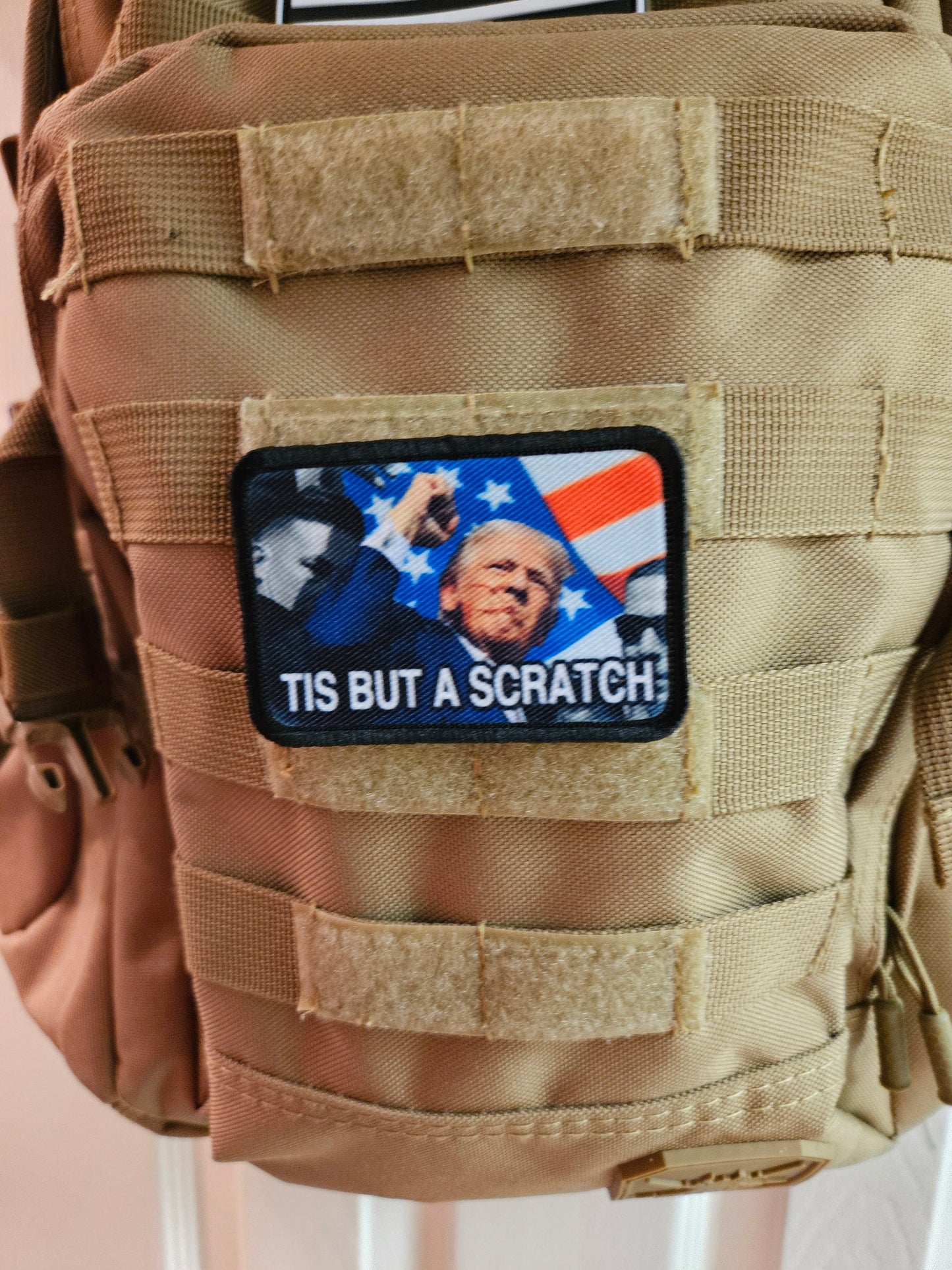 donald fist in the air tis but a scratch 2"x3" morale patch with hook and loop backing military joke meme