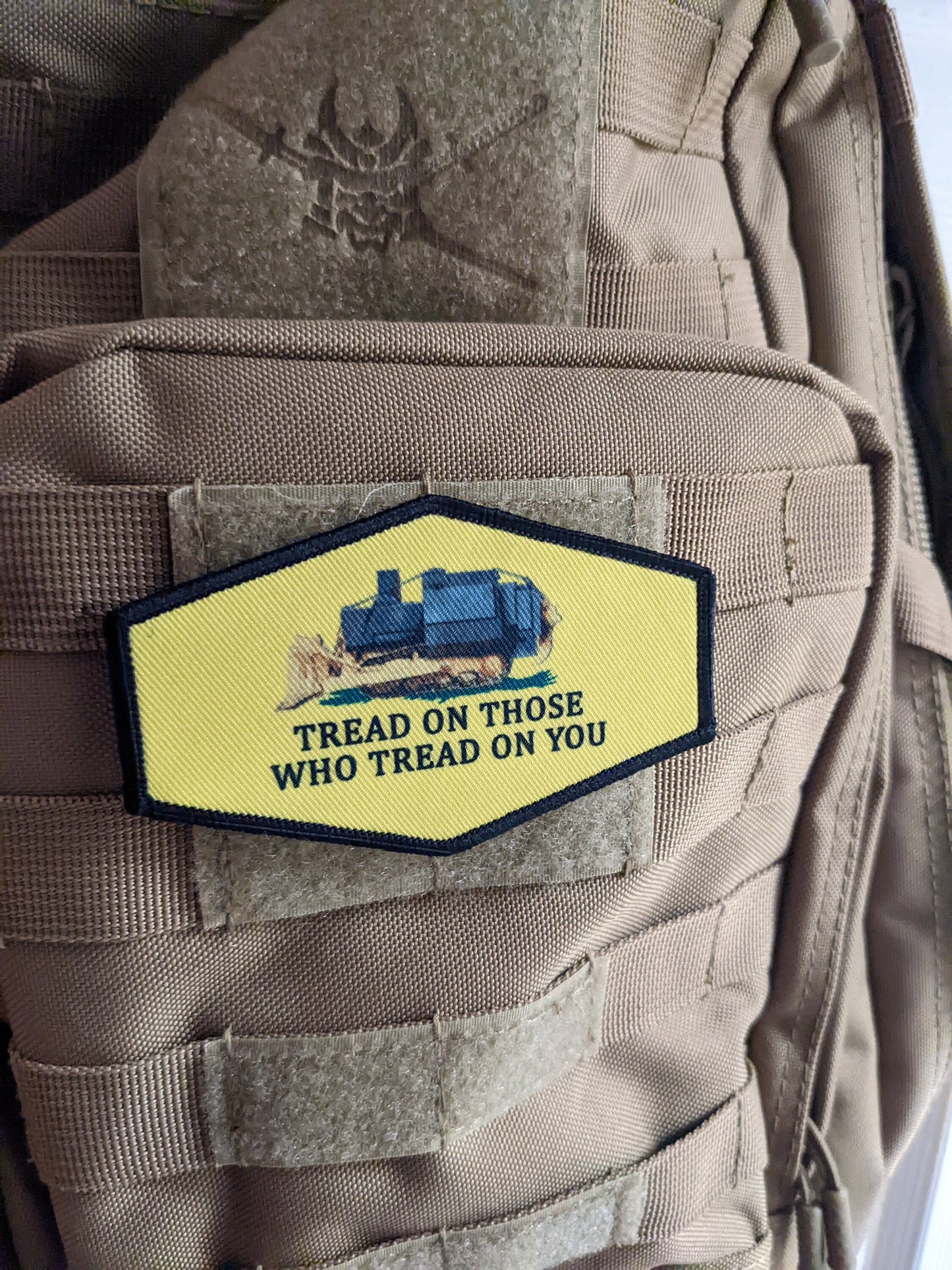 Killdozer tread on those who tread on you 4"x2.5" octagon morale patch with hook and loop backing