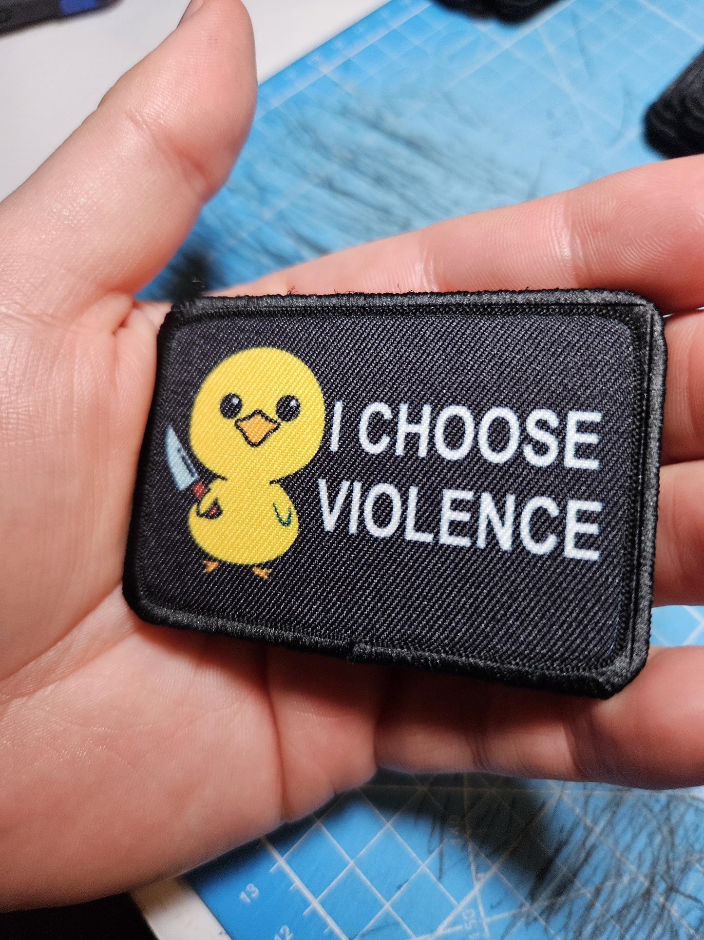Cute I choose violence duckling meme 2"x3" morale patch with hook and loop backing
