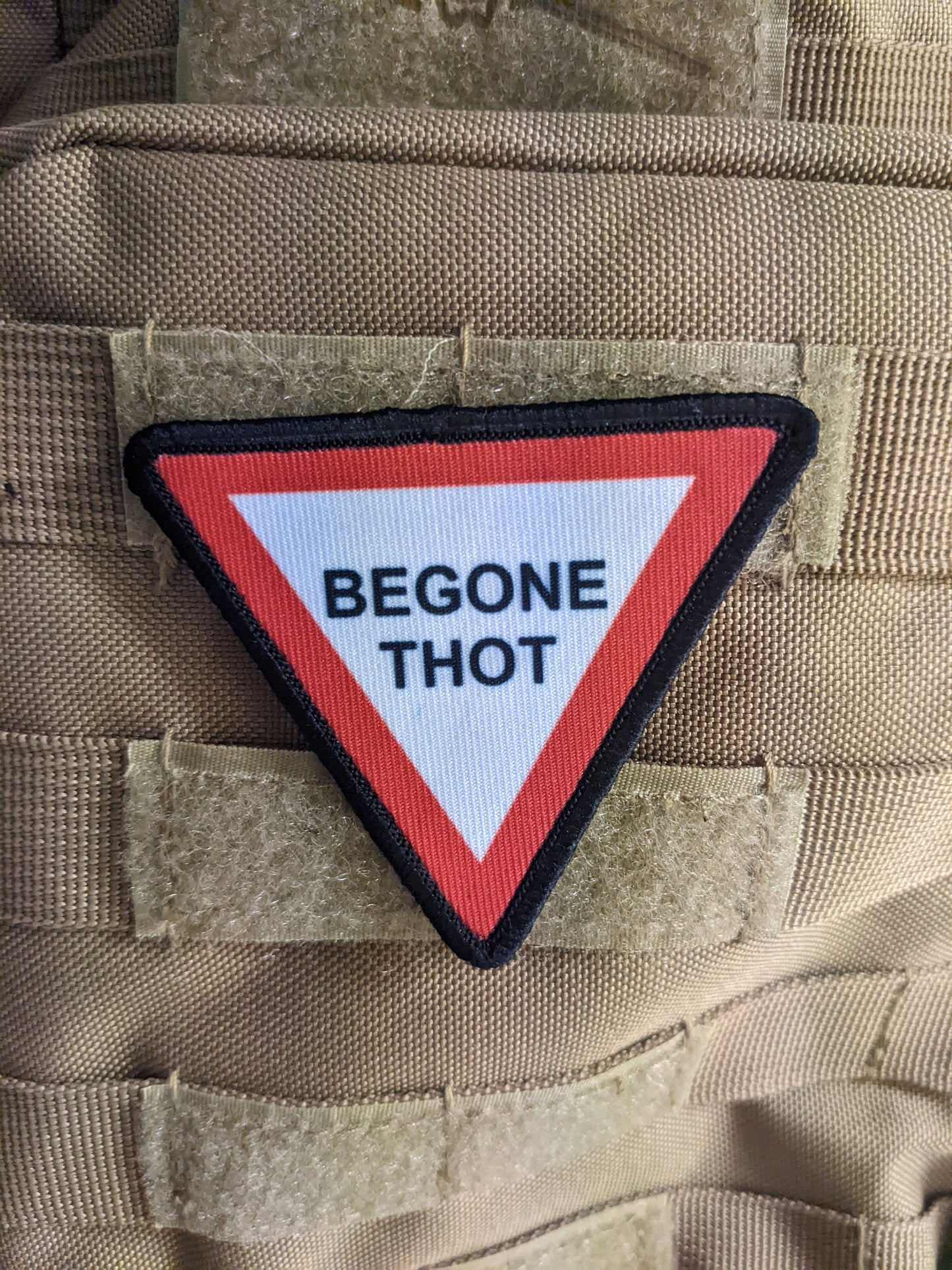 3"x3" triangle morale patch begone thot with hook and loop backing