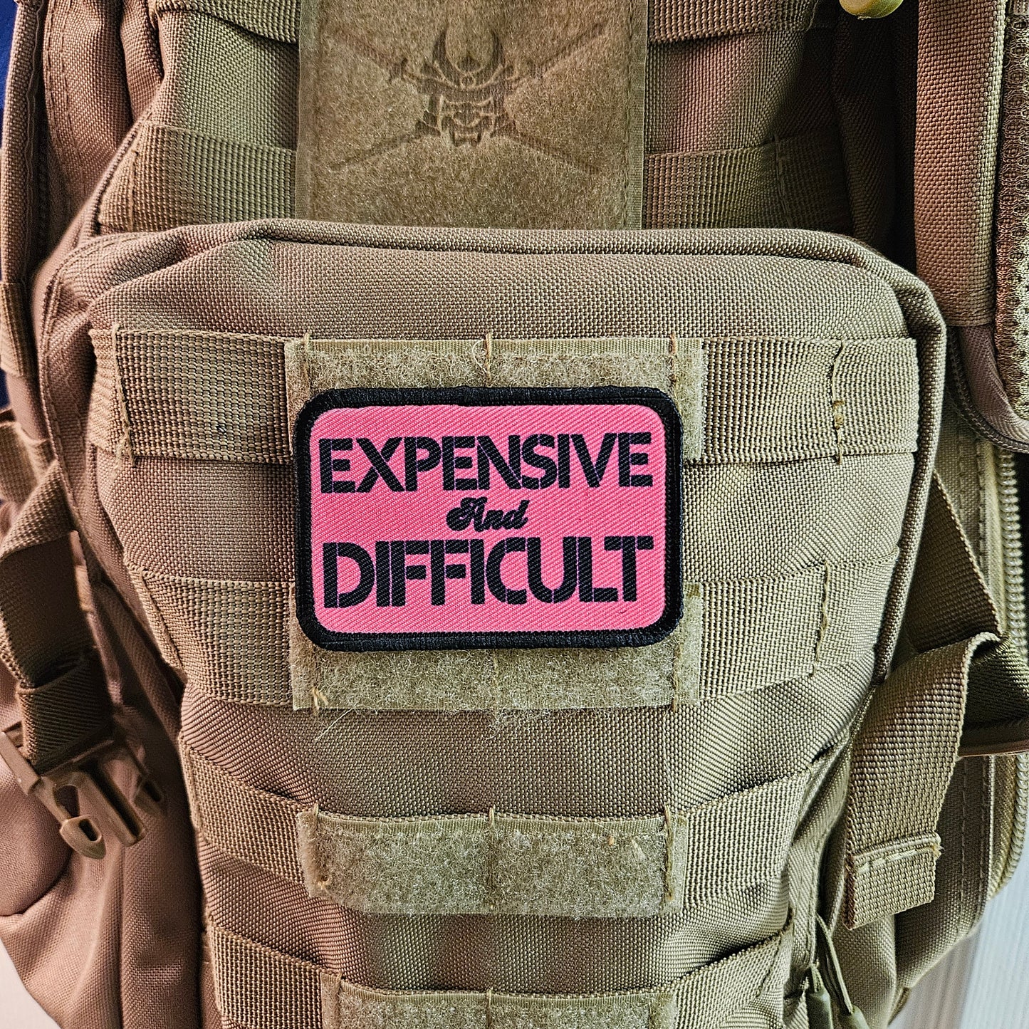 Expensive  and difficult meme pink 2"x3" removable morale patch with hook and loop backing