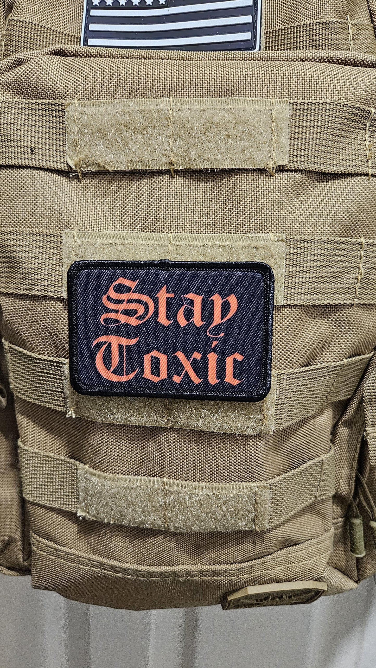 Stay toxic meme  red on black 2"x3" removable morale patch with hook and loop backing