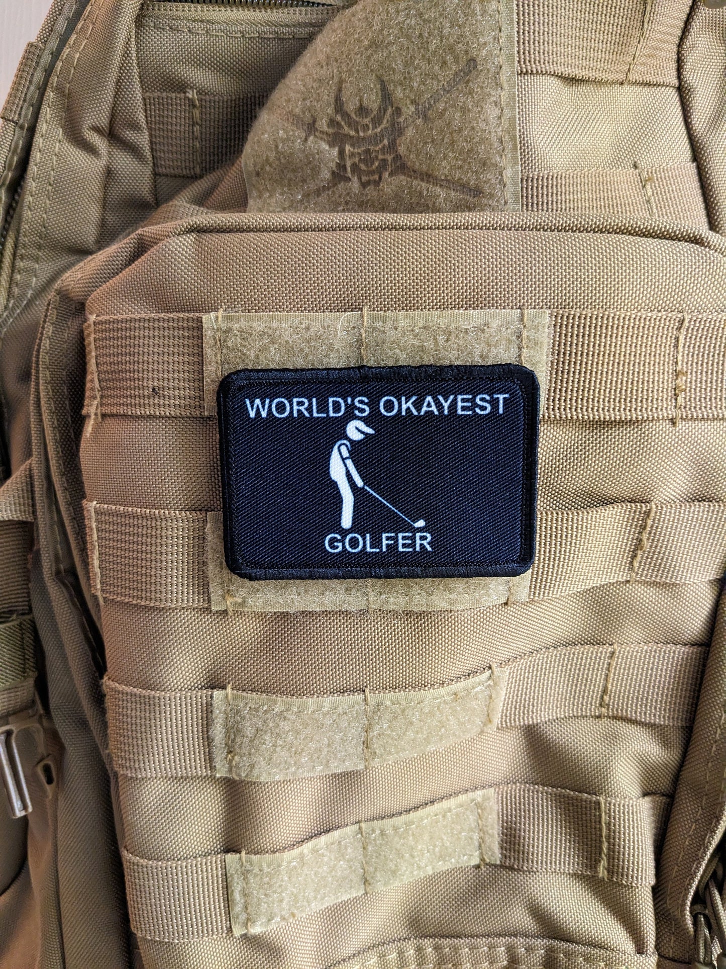 World's Okayest Golfer funny meme 2"x3" morale patch with hook and loop backing