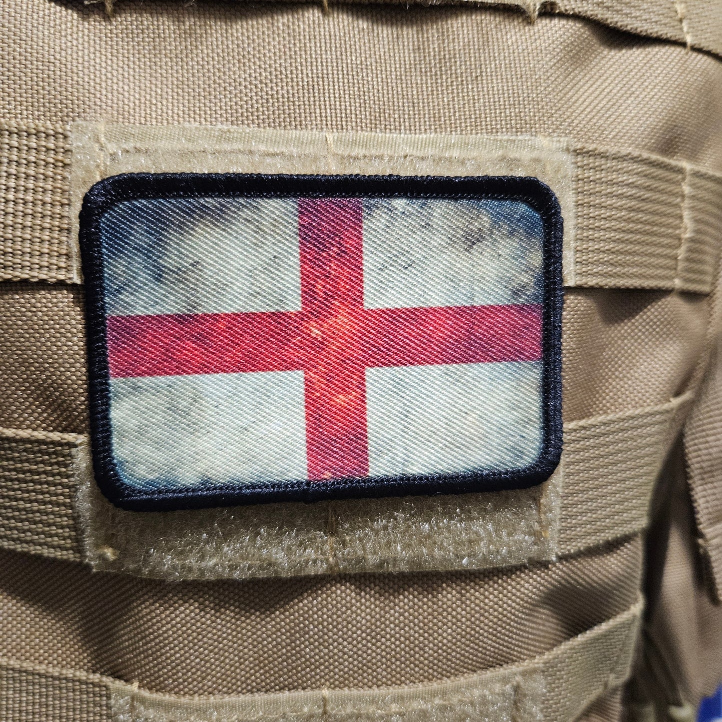 distressed English flag of saint George's 2"x3" morale patch with hook and loop backing