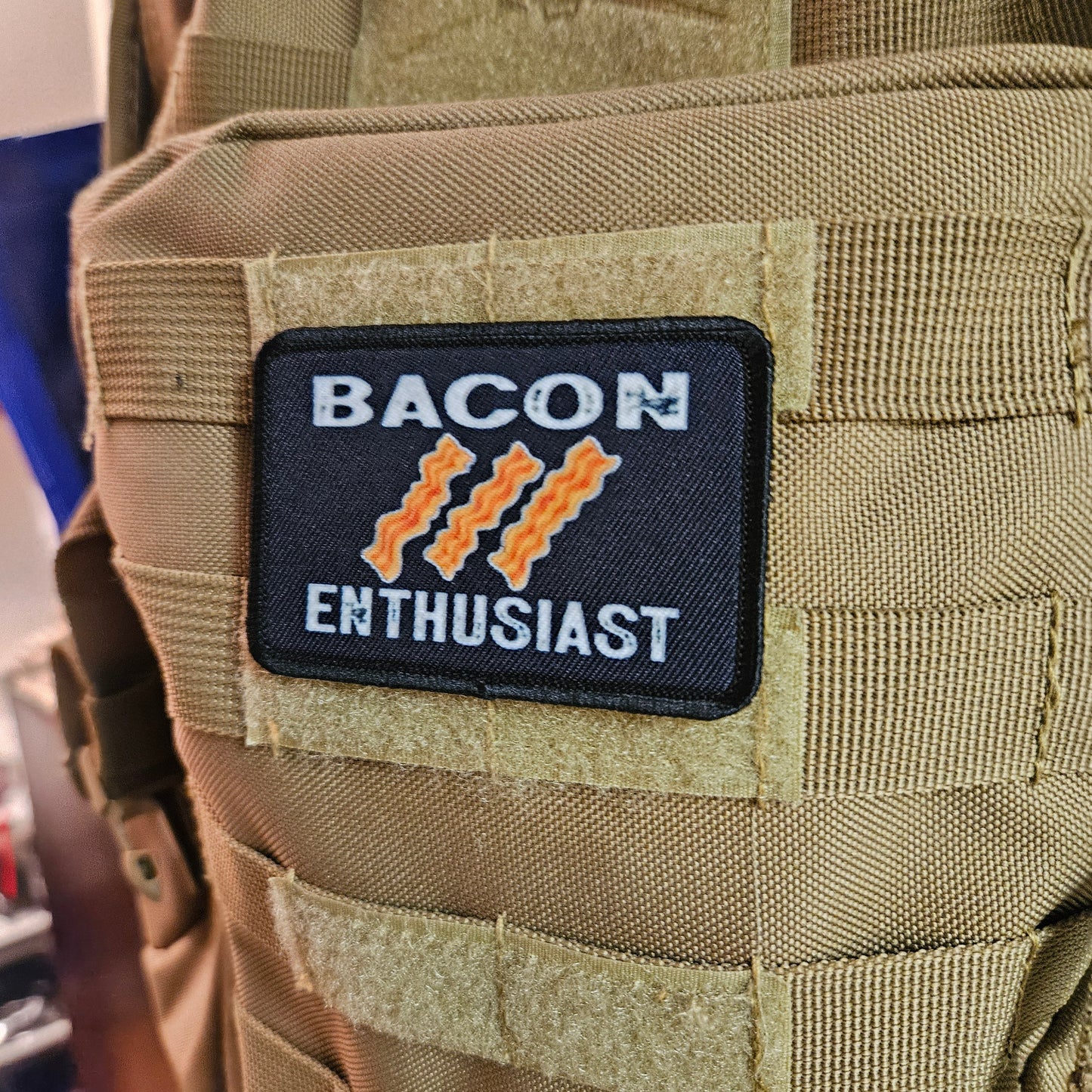 Bacon enthusiast funny meme  2"x3" removable morale patch with hook and loop backing
