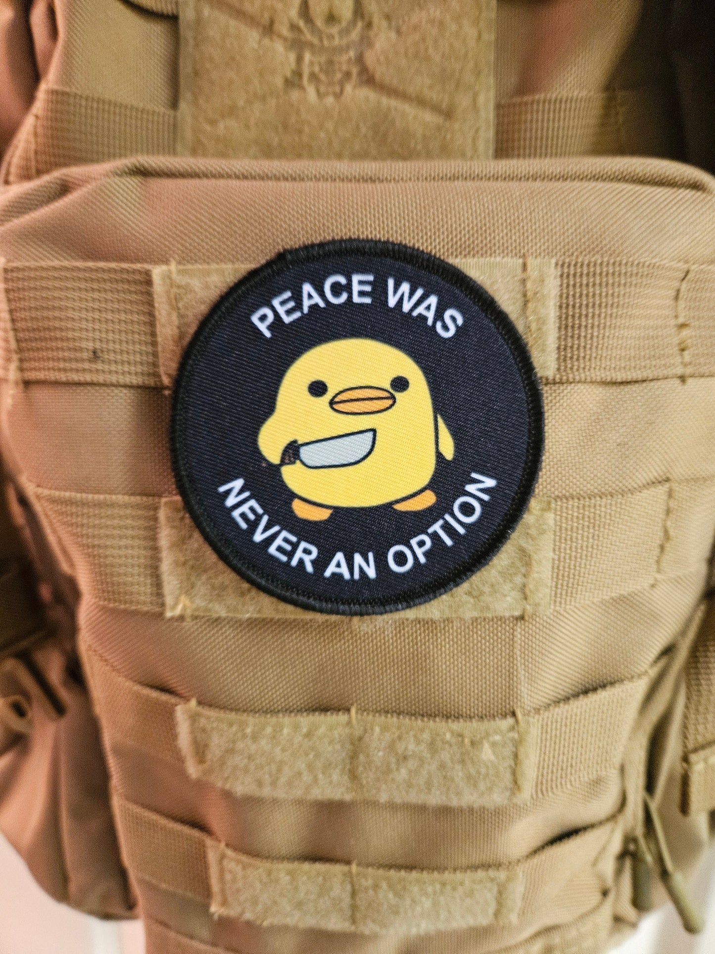 Peace was never an option duckling  with knife  meme 3" circle removable morale patch with hook and loop backing