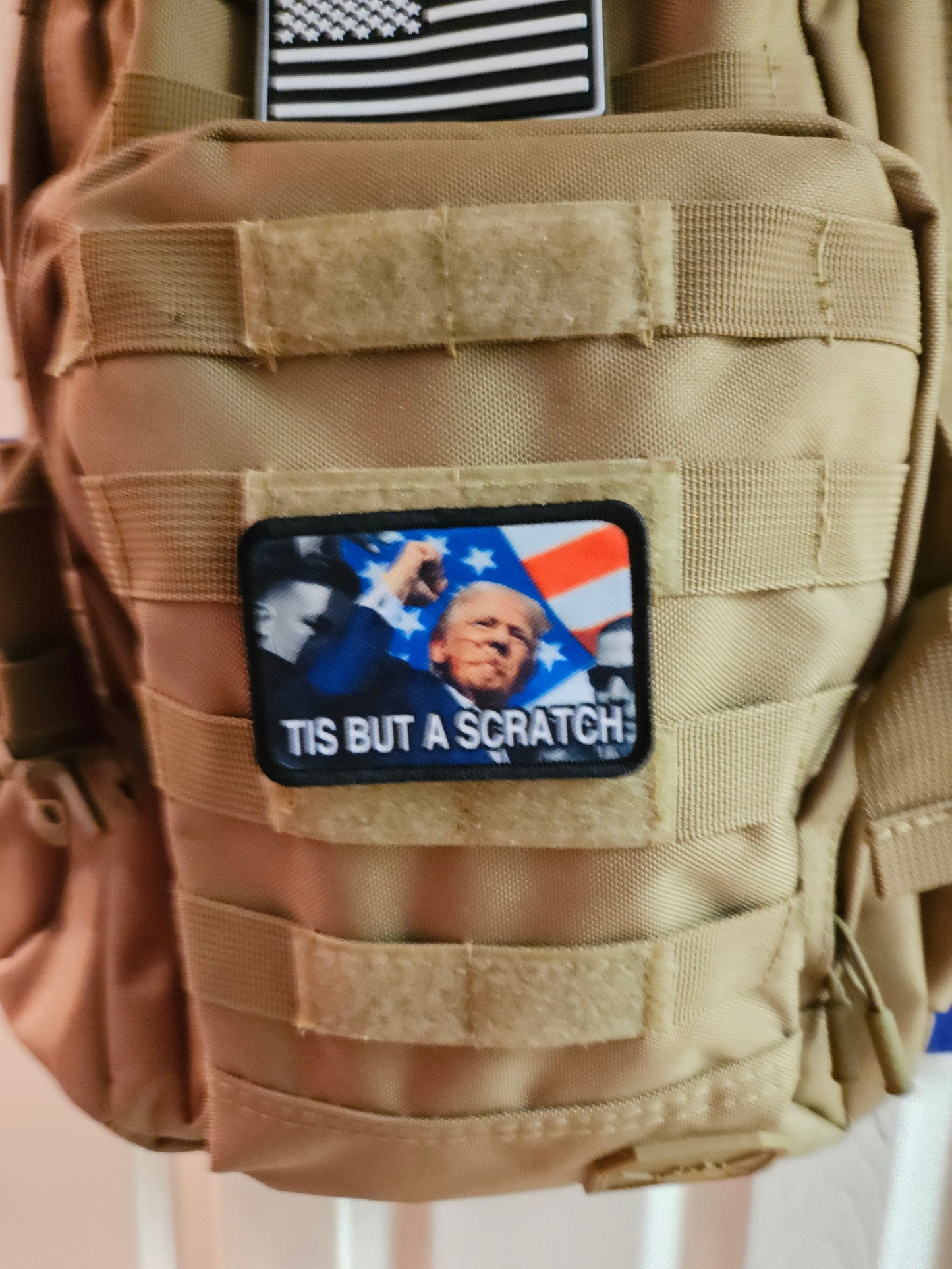 donald fist in the air tis but a scratch 2"x3" morale patch with hook and loop backing military joke meme